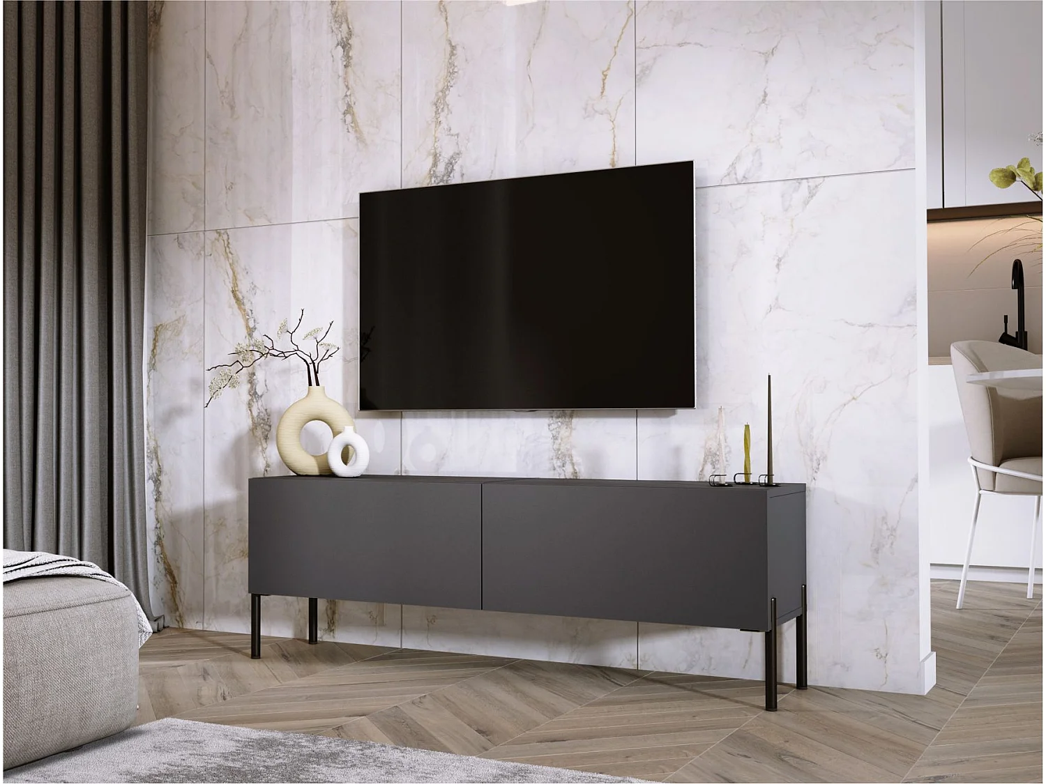 Móvel TV: Antracite, pernas pretas, 140 x 52 x 32 cm