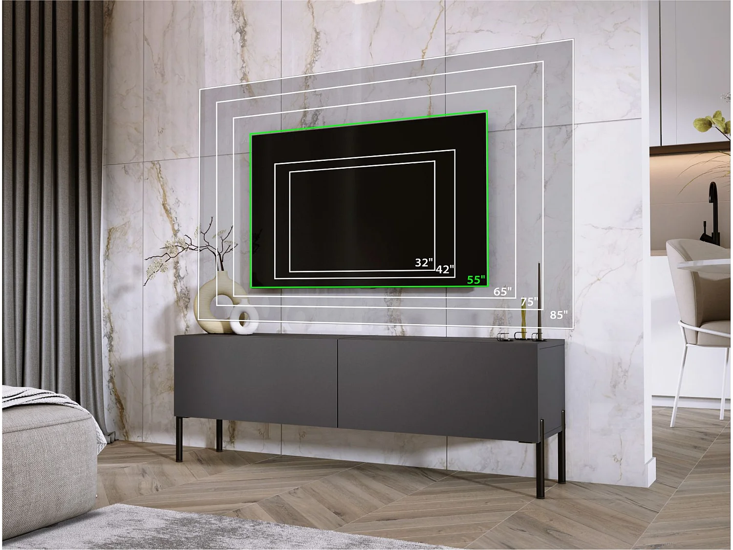 Móvel TV: Antracite, pernas pretas, 140 x 52 x 32 cm