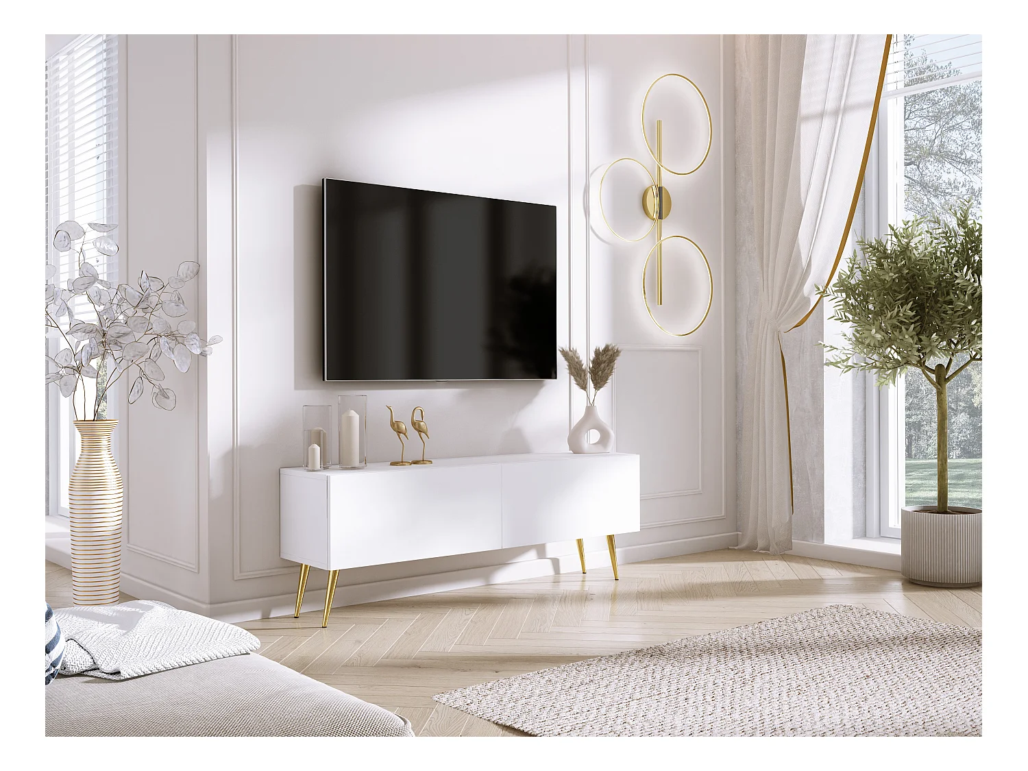 Meuble TV : Blanc Mat, pieds dorées, 140 x 52 x 32 cm