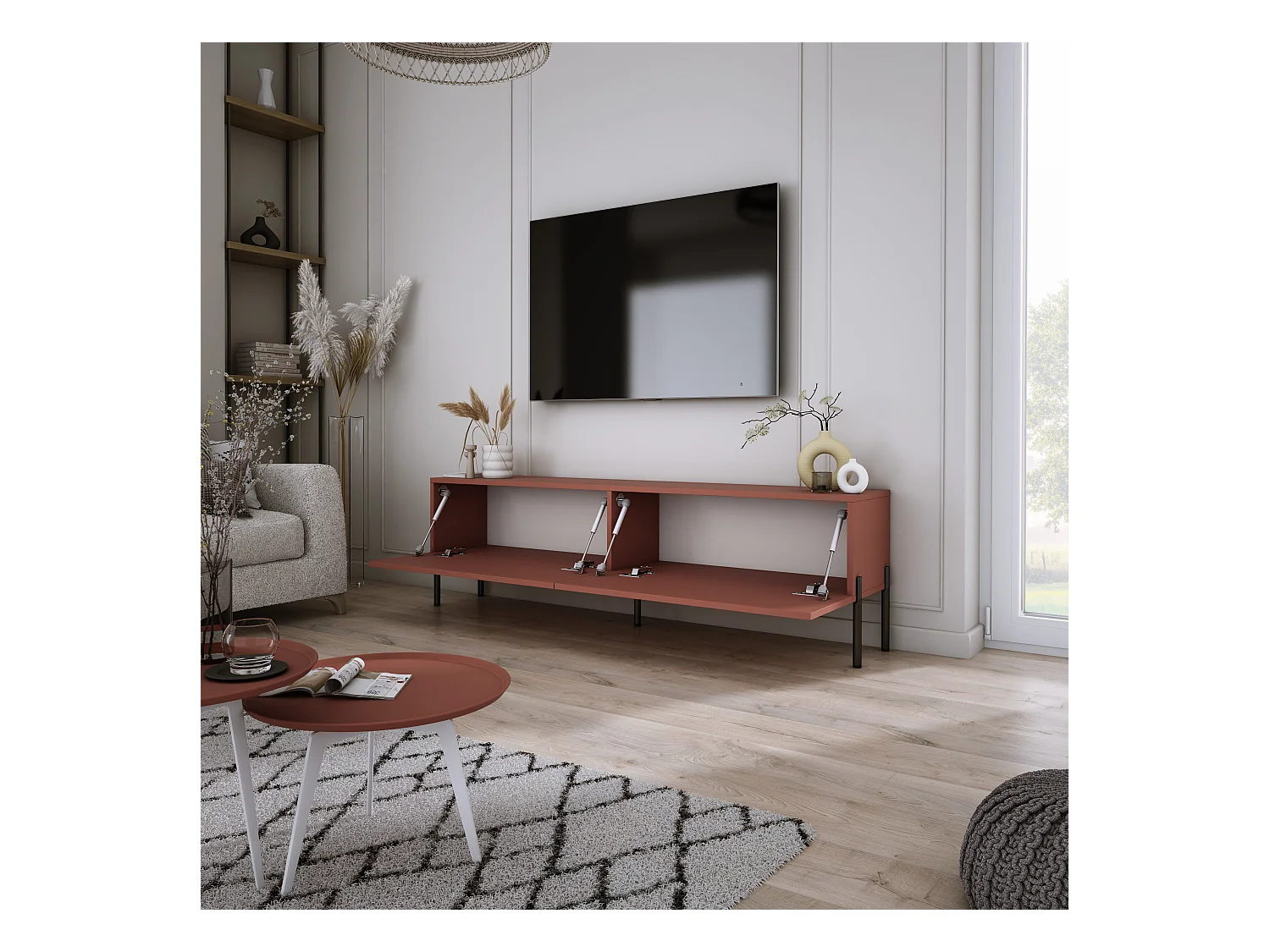 TV-meubel: Steenrood, 140 x 52 x 32 cm, zwarte poten