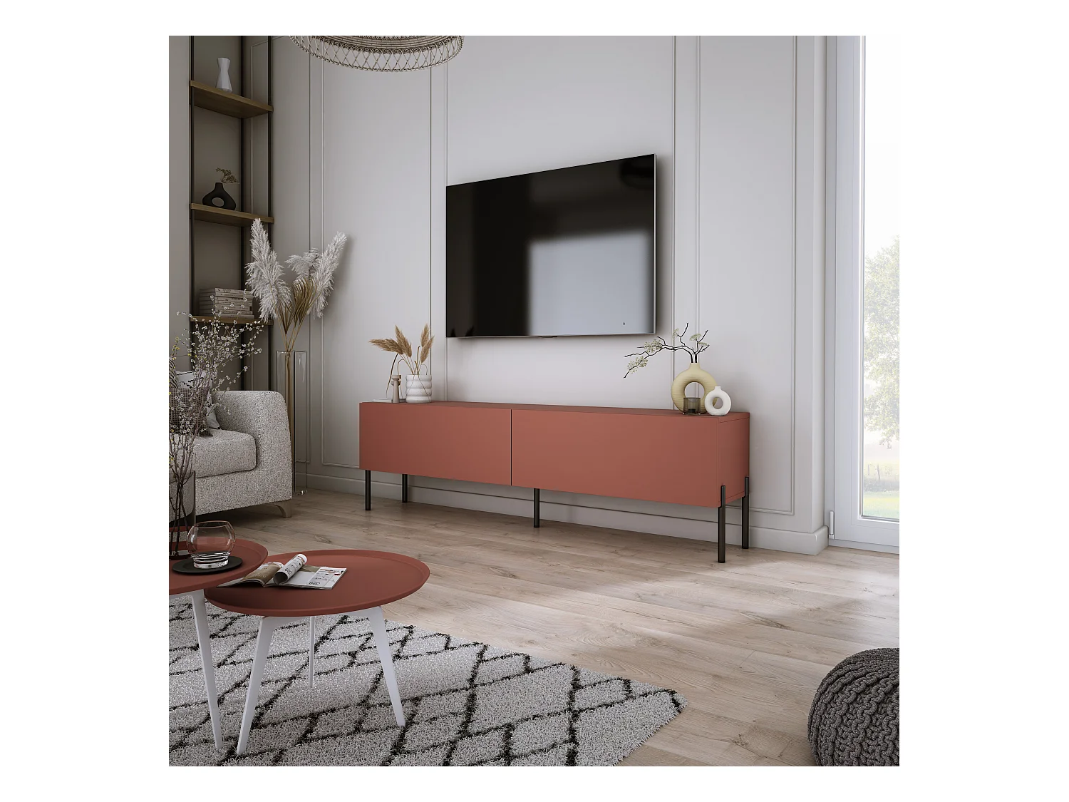 Meuble TV : Rouge Brique, 140 x 52 x 32 cm, pieds noires