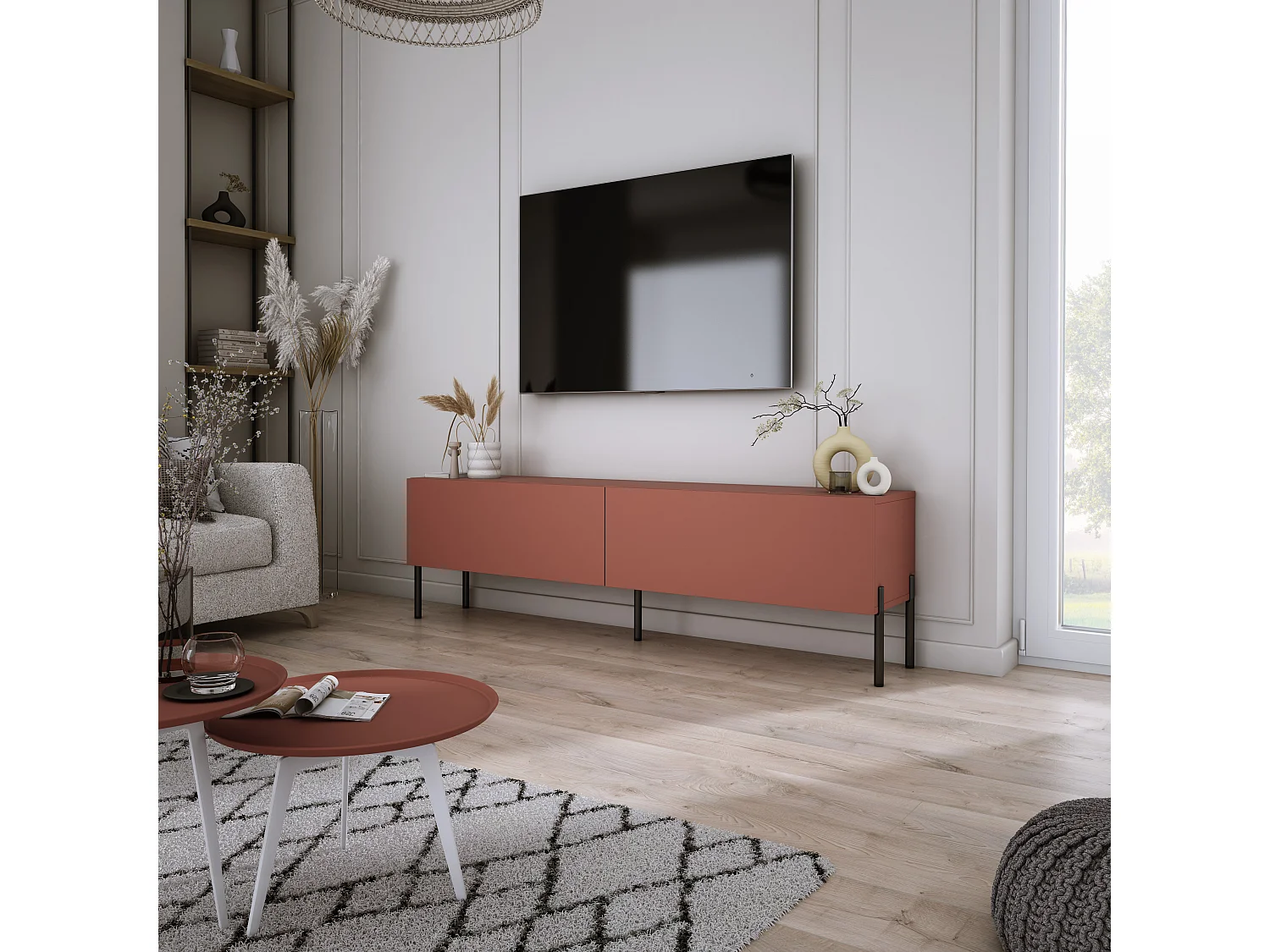 Meuble TV : Rouge Brique, 140 x 52 x 32 cm, pieds noires