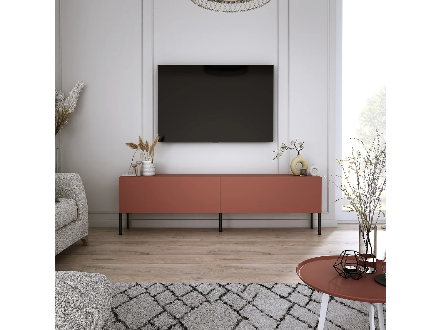 Meuble TV : Rouge Brique, 140 x 52 x 32 cm, pieds noires