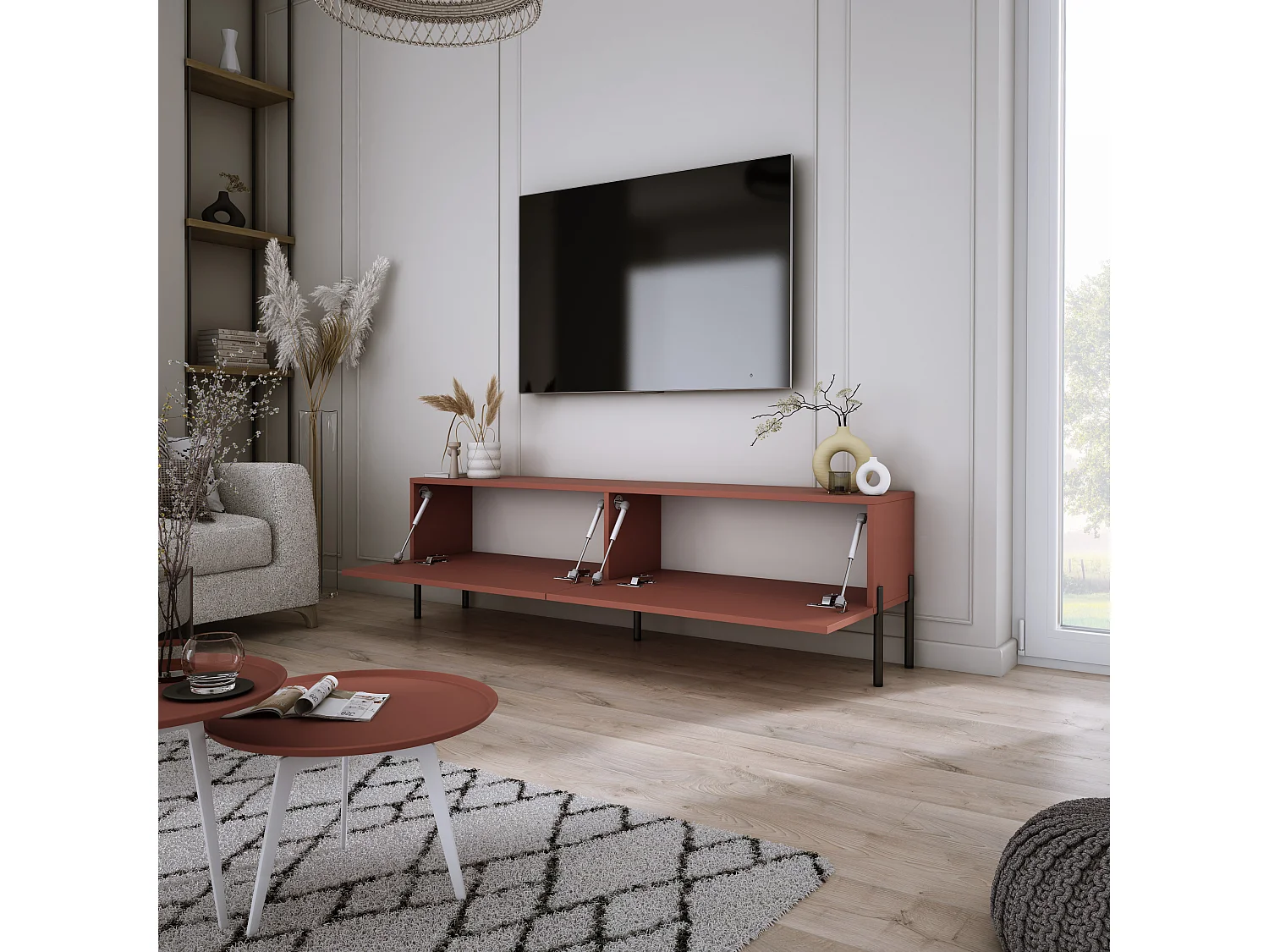 Meuble TV : Rouge Brique, 140 x 52 x 32 cm, pieds noires