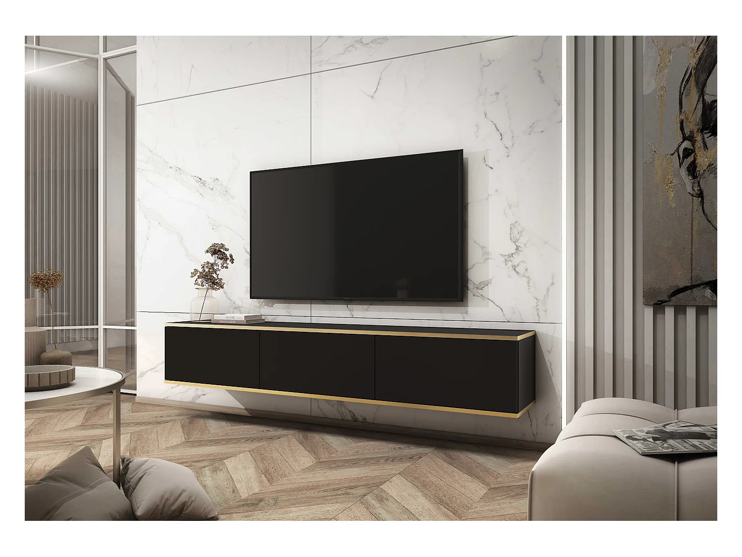 Meuble TV, Noir, 175 x 30 x 32 cm, Push to Open