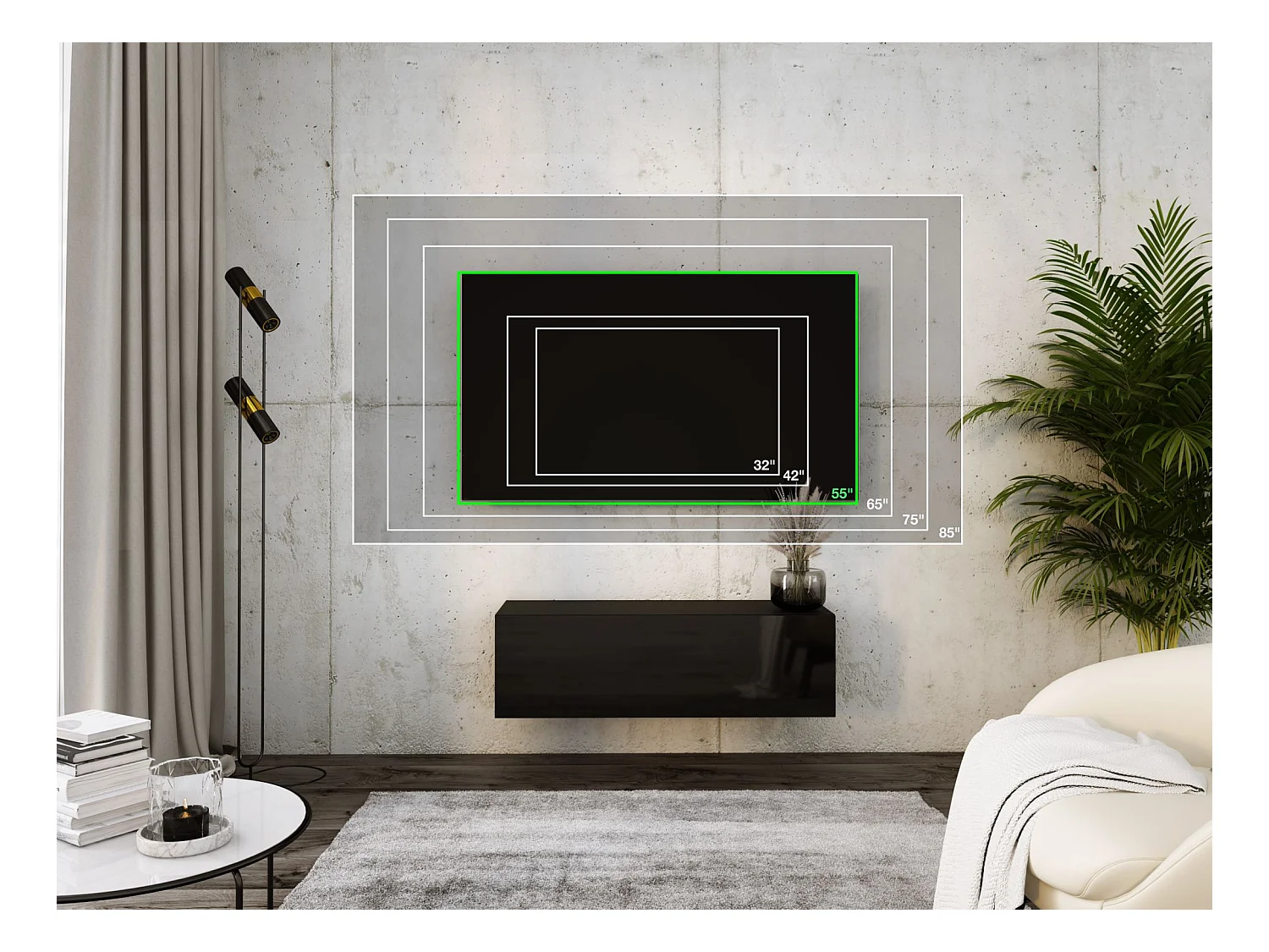 Zawieszana szafka pod telewizor, 100 x 34 x 32 cm, czarny matowy / czarny błyszczący