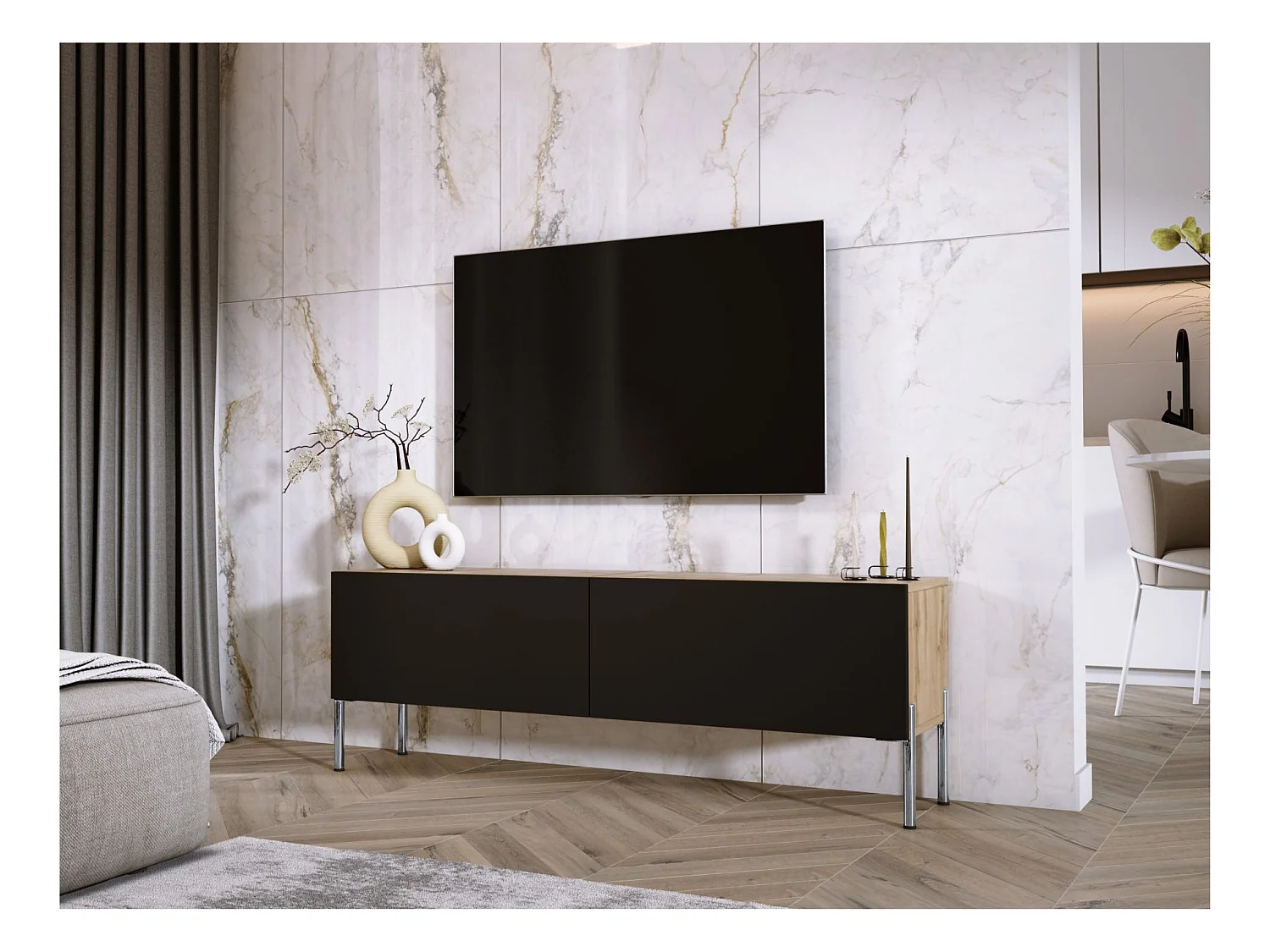 Meuble TV : Chêne Wotan / Noir Mat, pieds Chrome, 140 x 52 x 32 cm