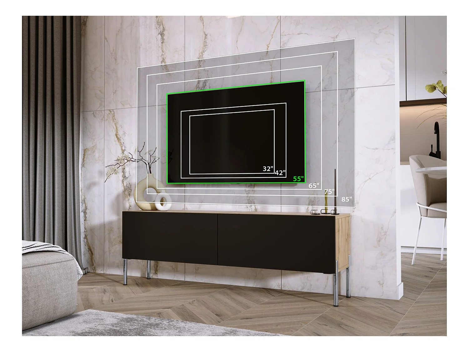 Meuble TV : Chêne Wotan / Noir Mat, pieds Chrome, 140 x 52 x 32 cm