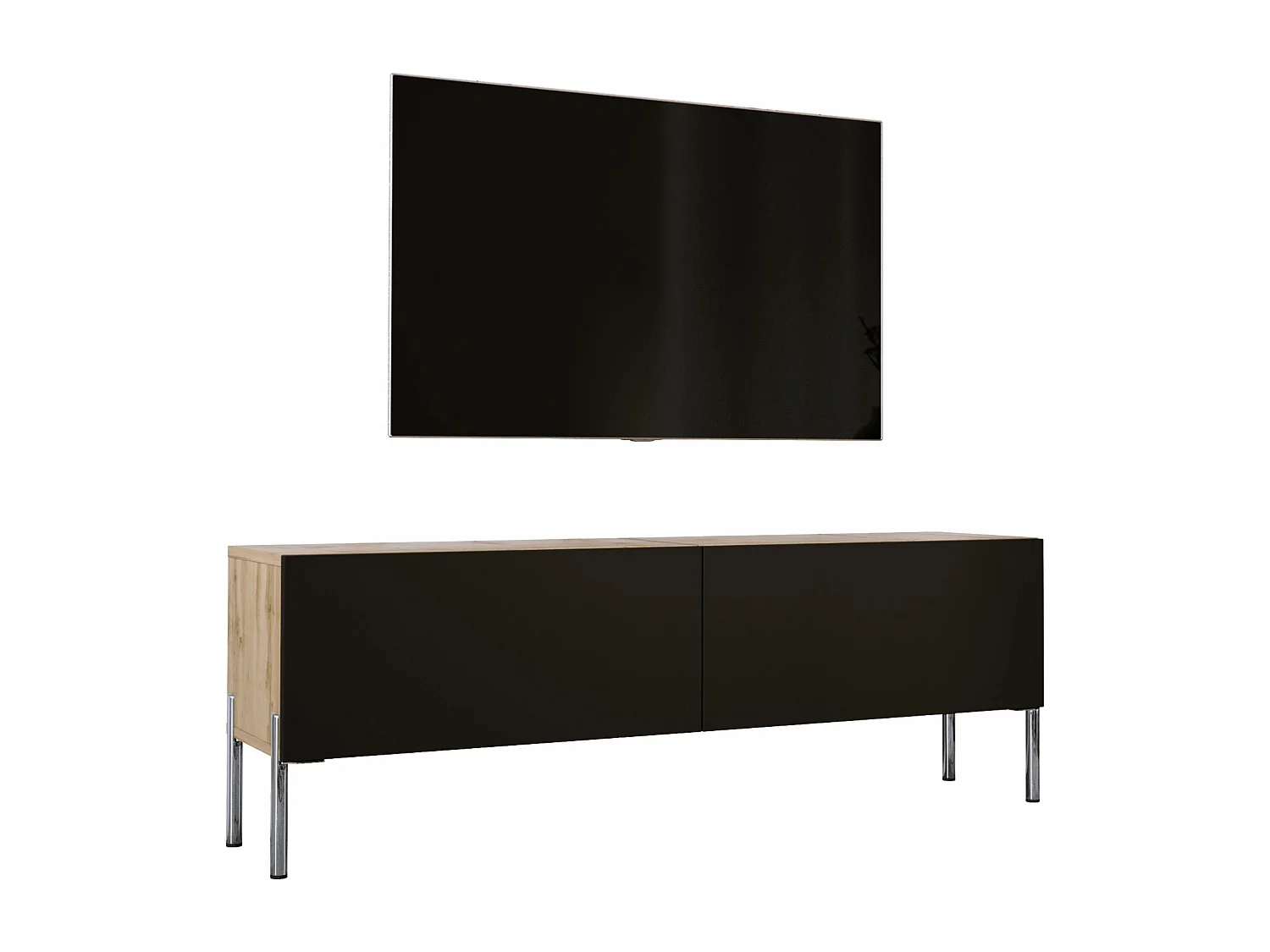 Meuble TV : Chêne Wotan / Noir Mat, pieds Chrome, 140 x 52 x 32 cm