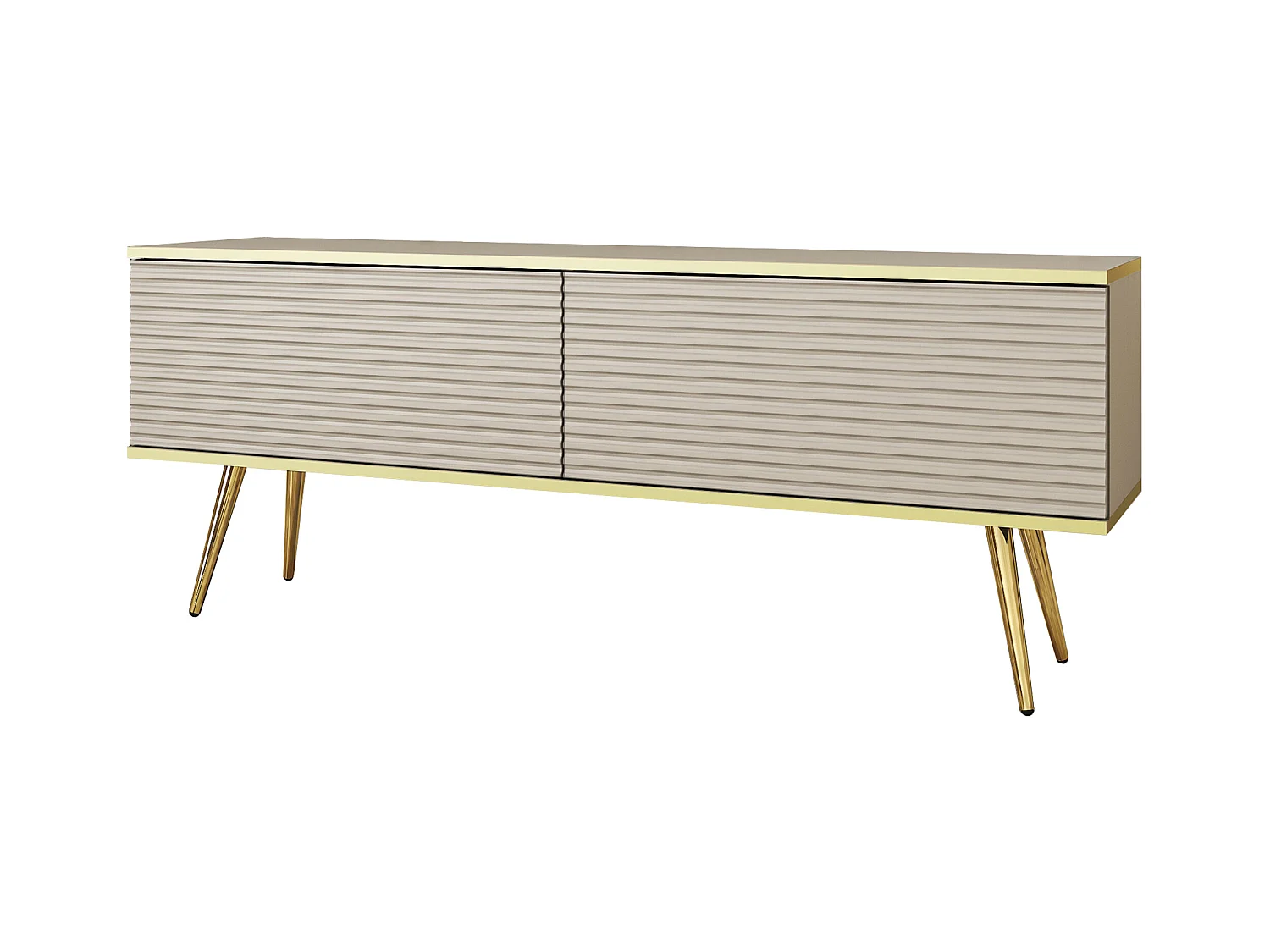 Meuble TV Avec Lamelles Beige, pieds Or, 135 x 30 x 52 cm, Push to Open