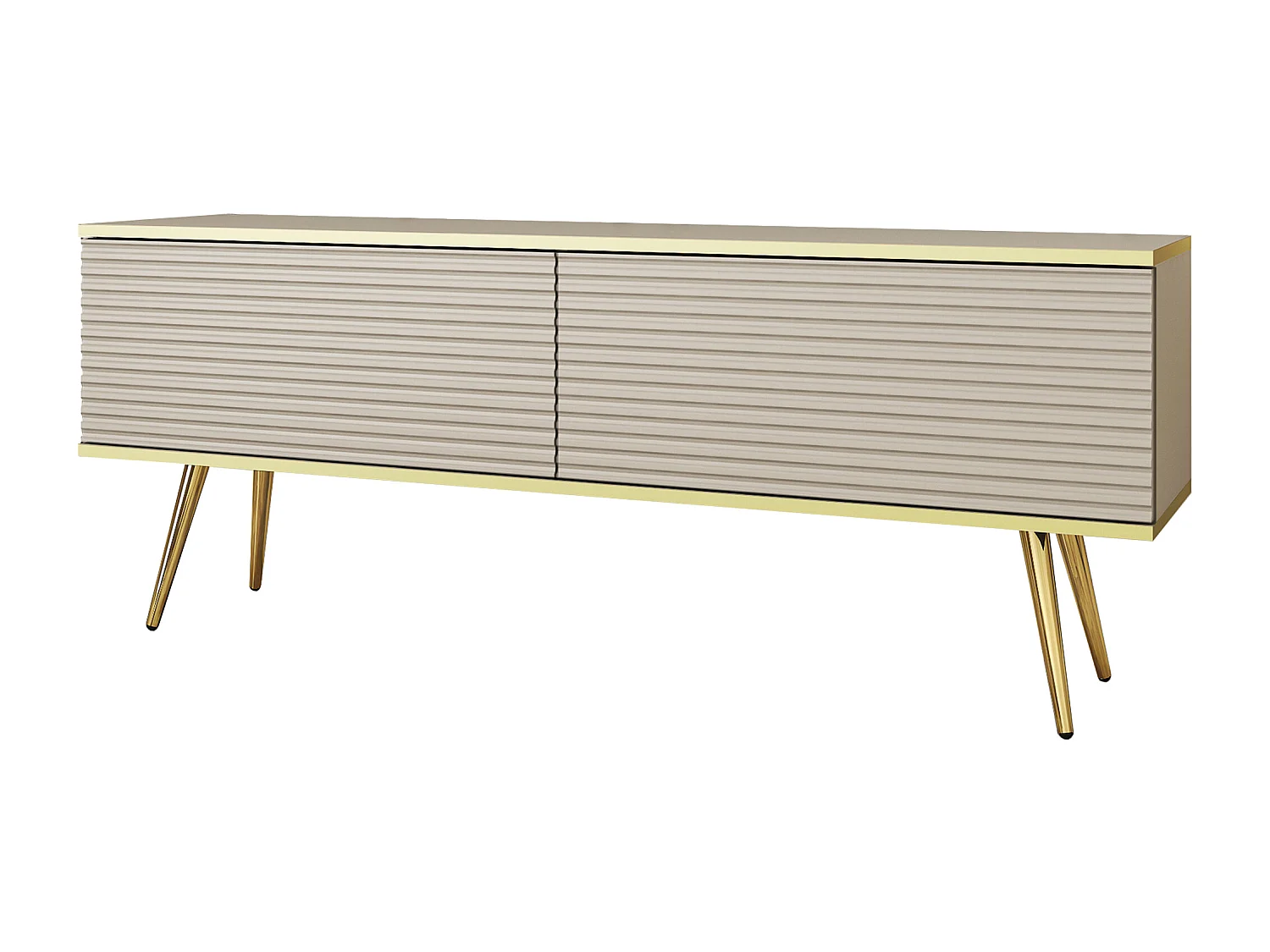 Meuble TV Avec Lamelles Beige, pieds Or, 135 x 30 x 52 cm, Push to Open