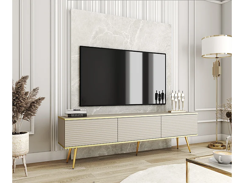 Móvel de TV com ripas bege, pés dourados, 135 x 30 x 52 cm, empurrar para abrir