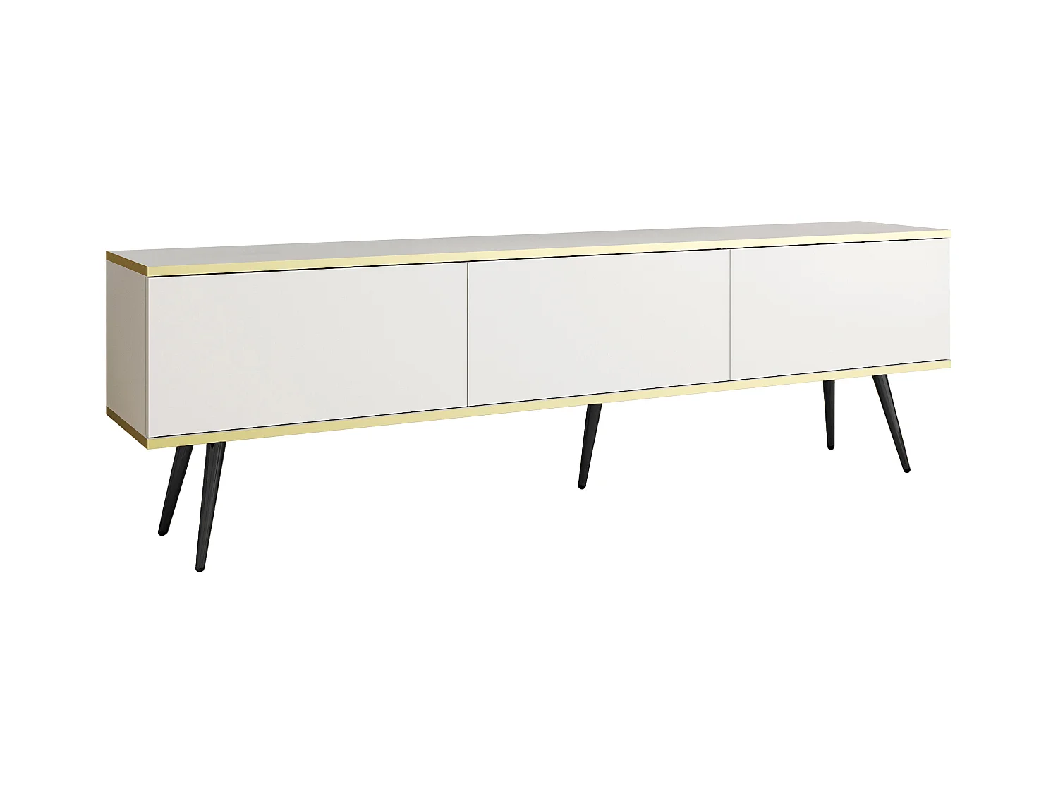 Meuble TV, Blanc, pieds Noir, 175 x 30 x 52 cm, Push to Open