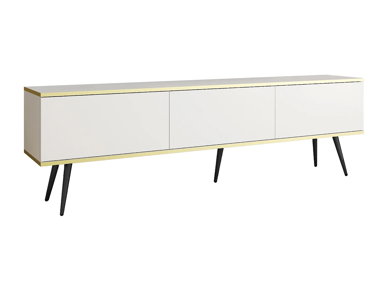 Meuble TV, Blanc, pieds Noir, 175 x 30 x 52 cm, Push to Open