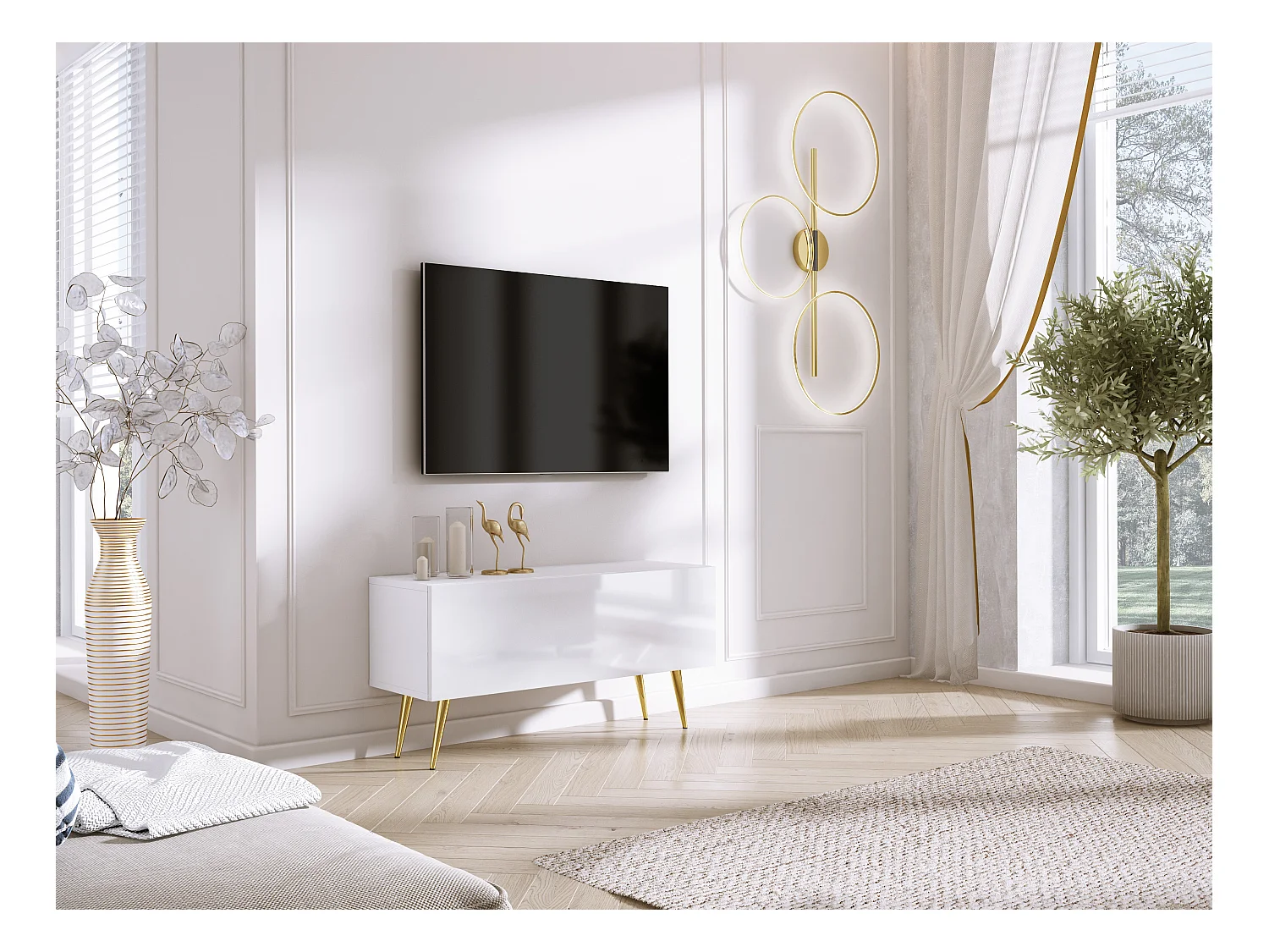 Meuble TV, Blanc Mat / Blanc Brillant, pieds dorées, 100 x 52 x 32 cm