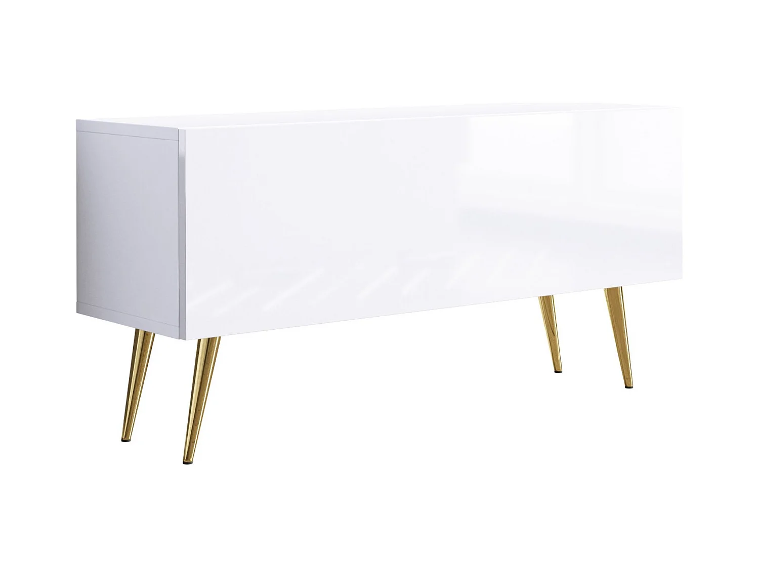 Meuble TV, Blanc Mat / Blanc Brillant, pieds dorées, 100 x 52 x 32 cm