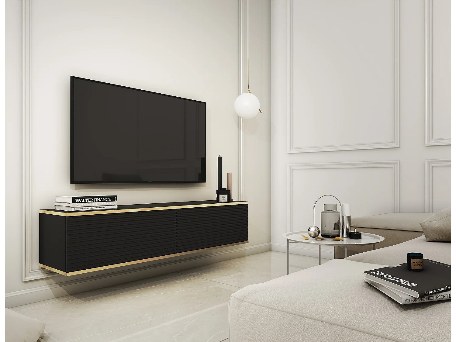 Meuble TV Avec Lamelles Noir, 135 x 30 x 32 cm, Push to Open