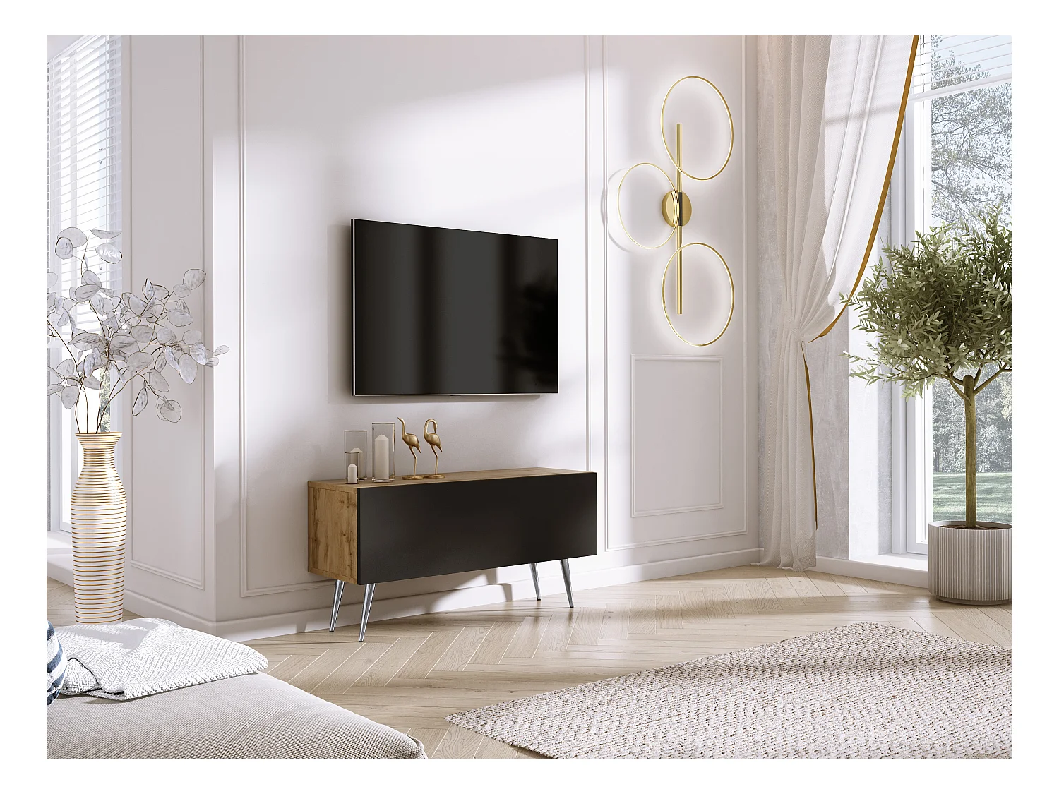 Meuble TV : Chêne Wotan / Noir Mat, pieds Chrome, 100 x 52 x 32 cm