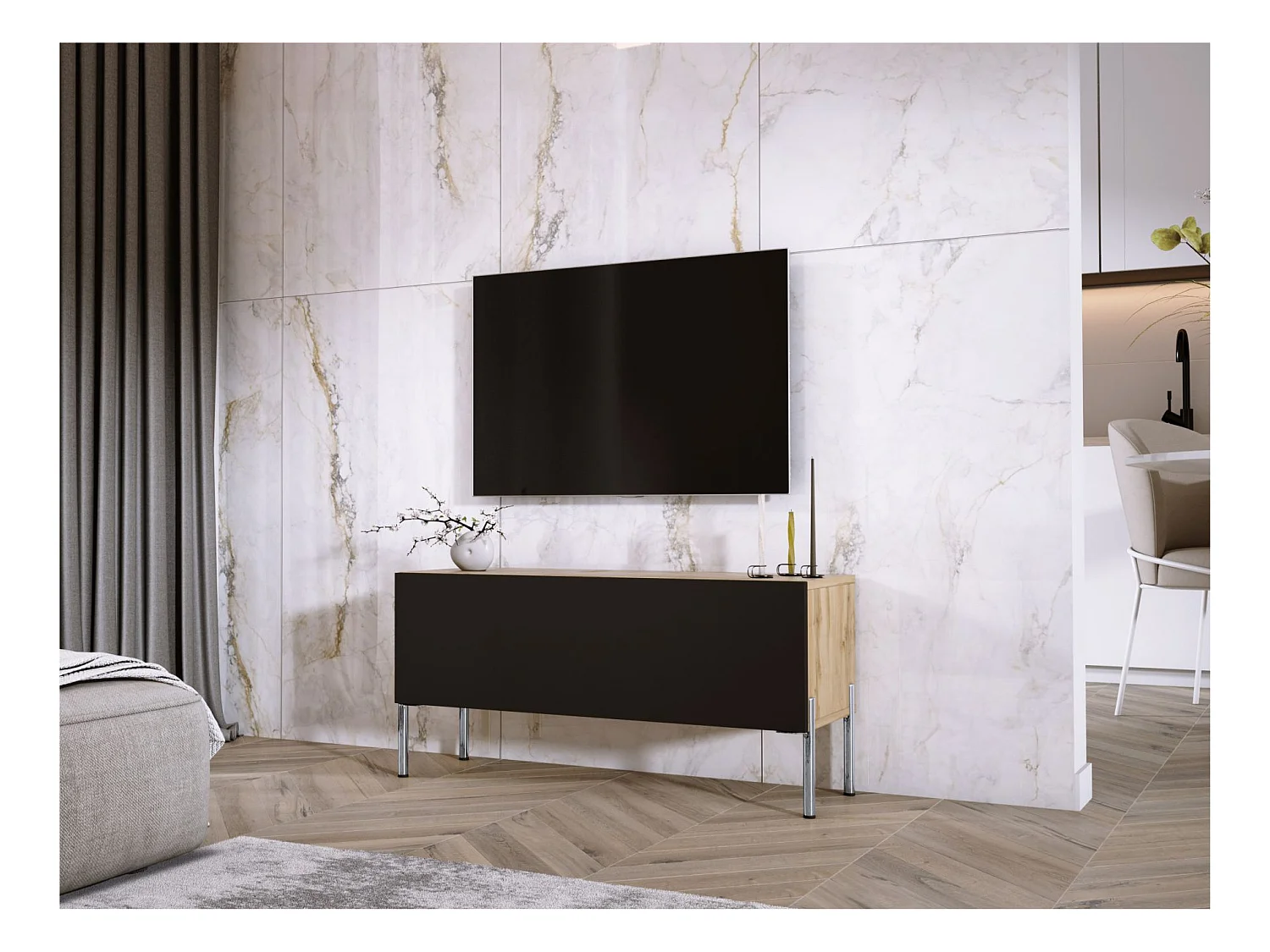 Meuble TV : Chêne Wotan / Noir Mat, pieds En Chrome, 100 x 52 x 32 cm