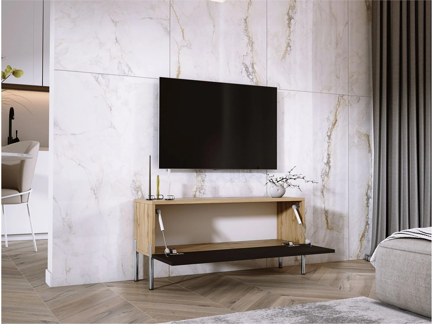 Szafka RTV: Dąb Wotan / Czarny Mat, Nogi Chrom, 100 x 52 x 32 cm