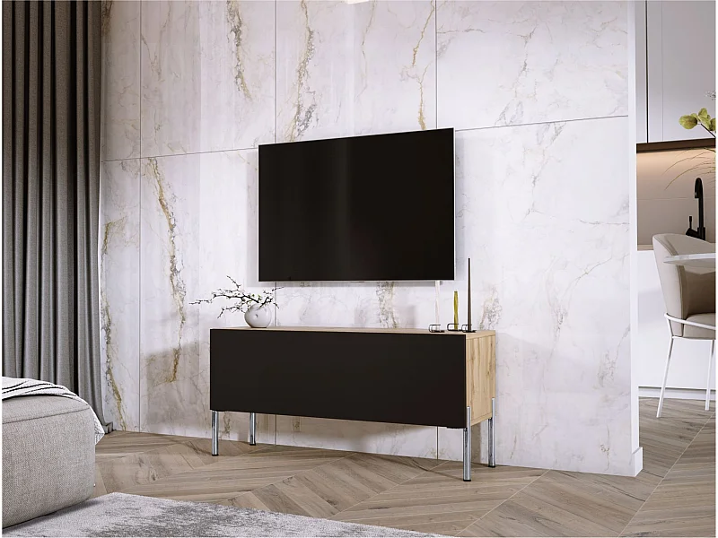 Meuble TV : Chêne Wotan / Noir Mat, pieds En Chrome, 100 x 52 x 32 cm