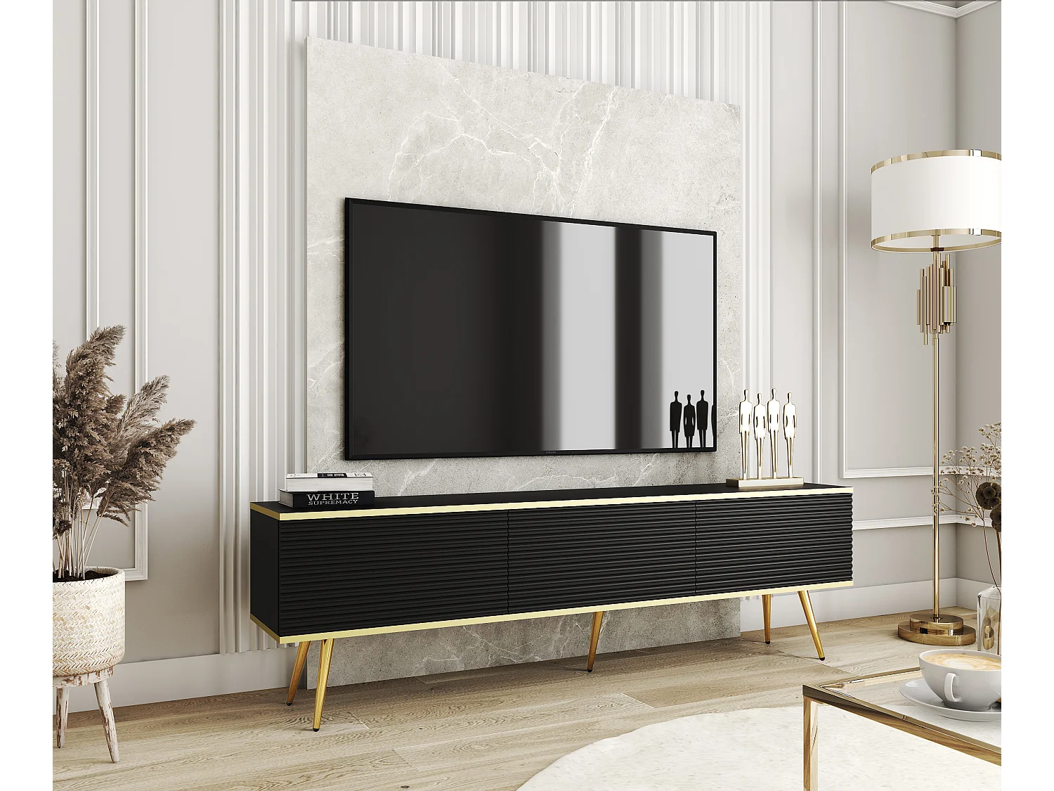 TV-bord med sorte lameller, guldben, 175 x 30 x 52 cm, tryk-for-at-åbne