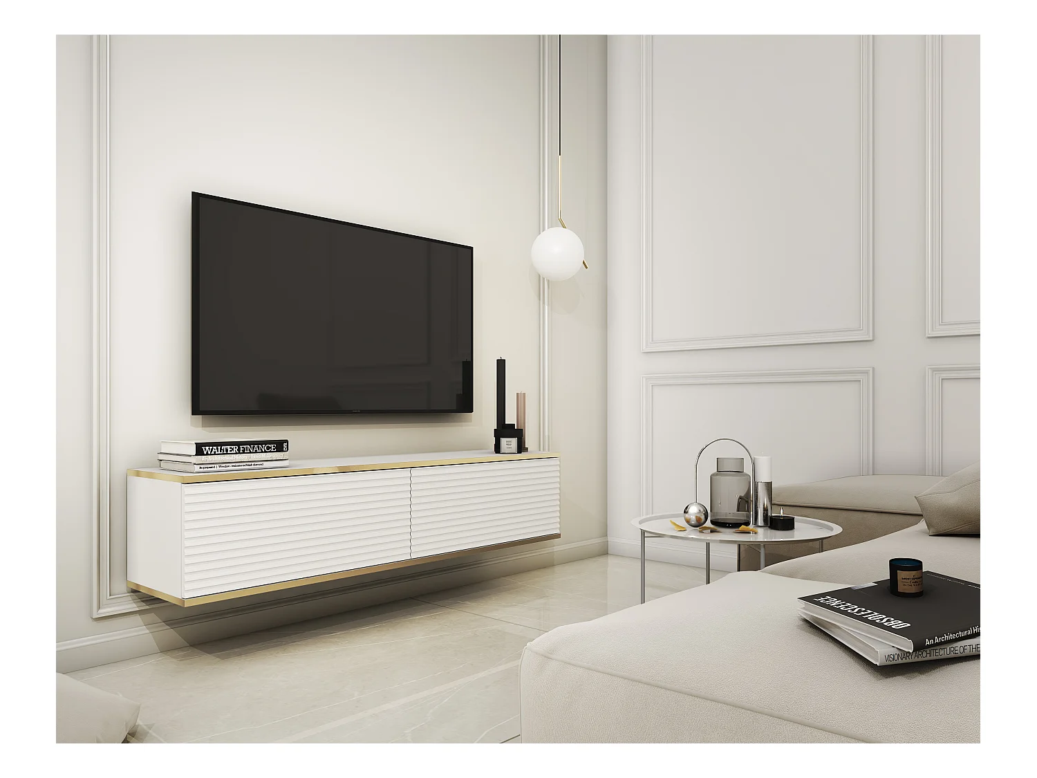 TV-Möbel mit weißen Lamellen, 135 x 30 x 32 cm, Push-to-Open