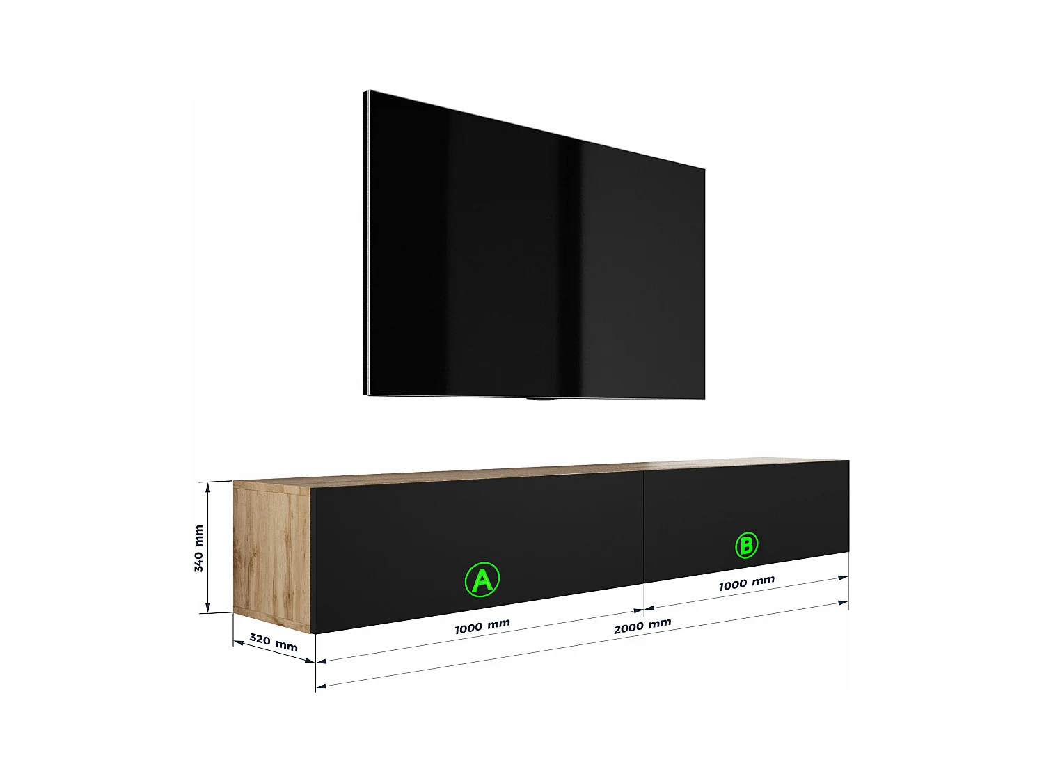 Meuble TV Suspendu, (2 x 100) x 34 x 32 cm, Chêne Wotan / Noir Mat