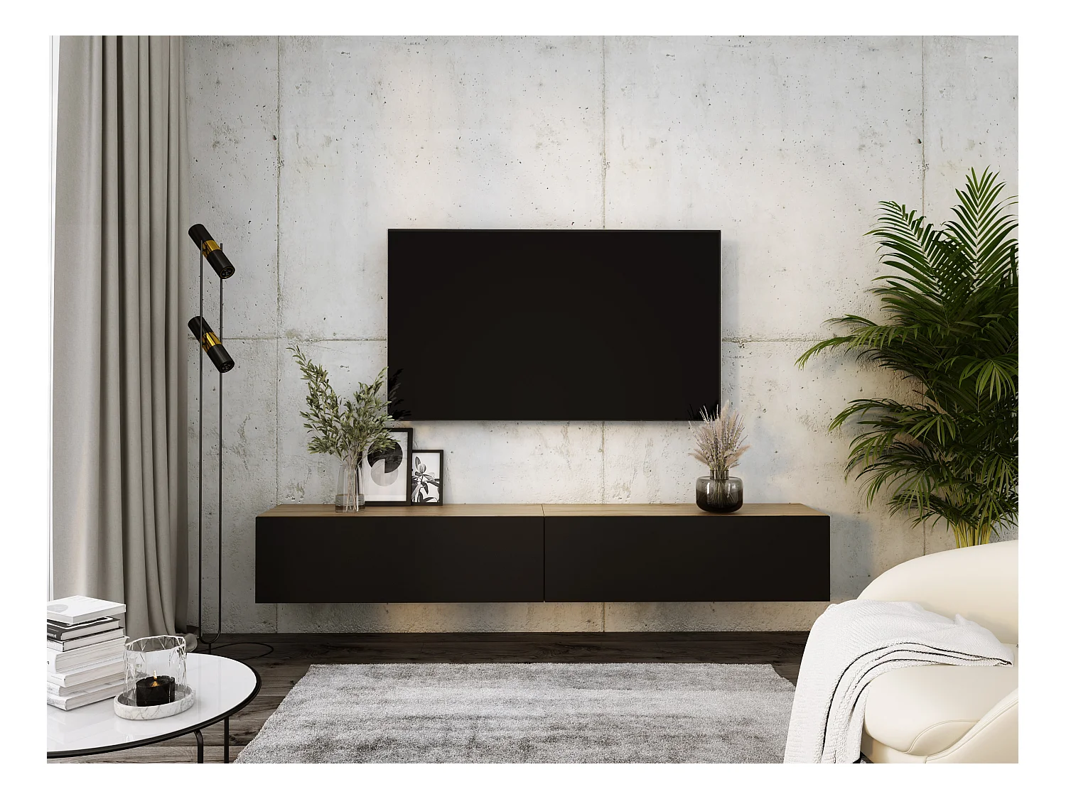 Meuble TV Suspendu, (2 x 100) x 34 x 32 cm, Chêne Wotan / Noir Mat