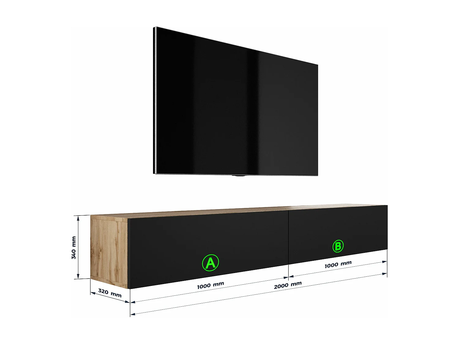 Meuble TV Suspendu, (2 x 100) x 34 x 32 cm, Chêne Wotan / Noir Mat
