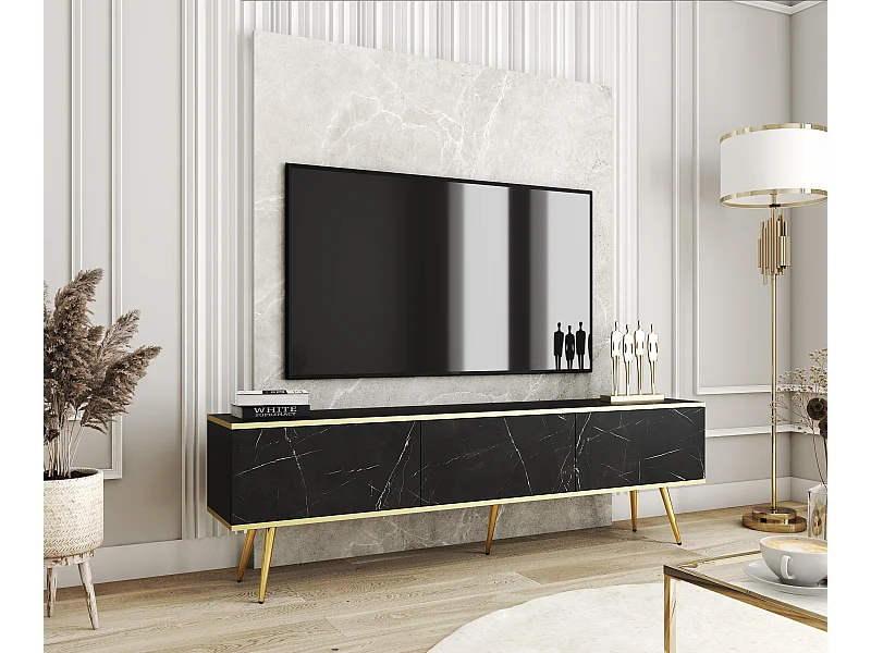 TV-Schrank, Schwarz, goldene Beine, 175 x 30 x 52 cm, Push-to-Open