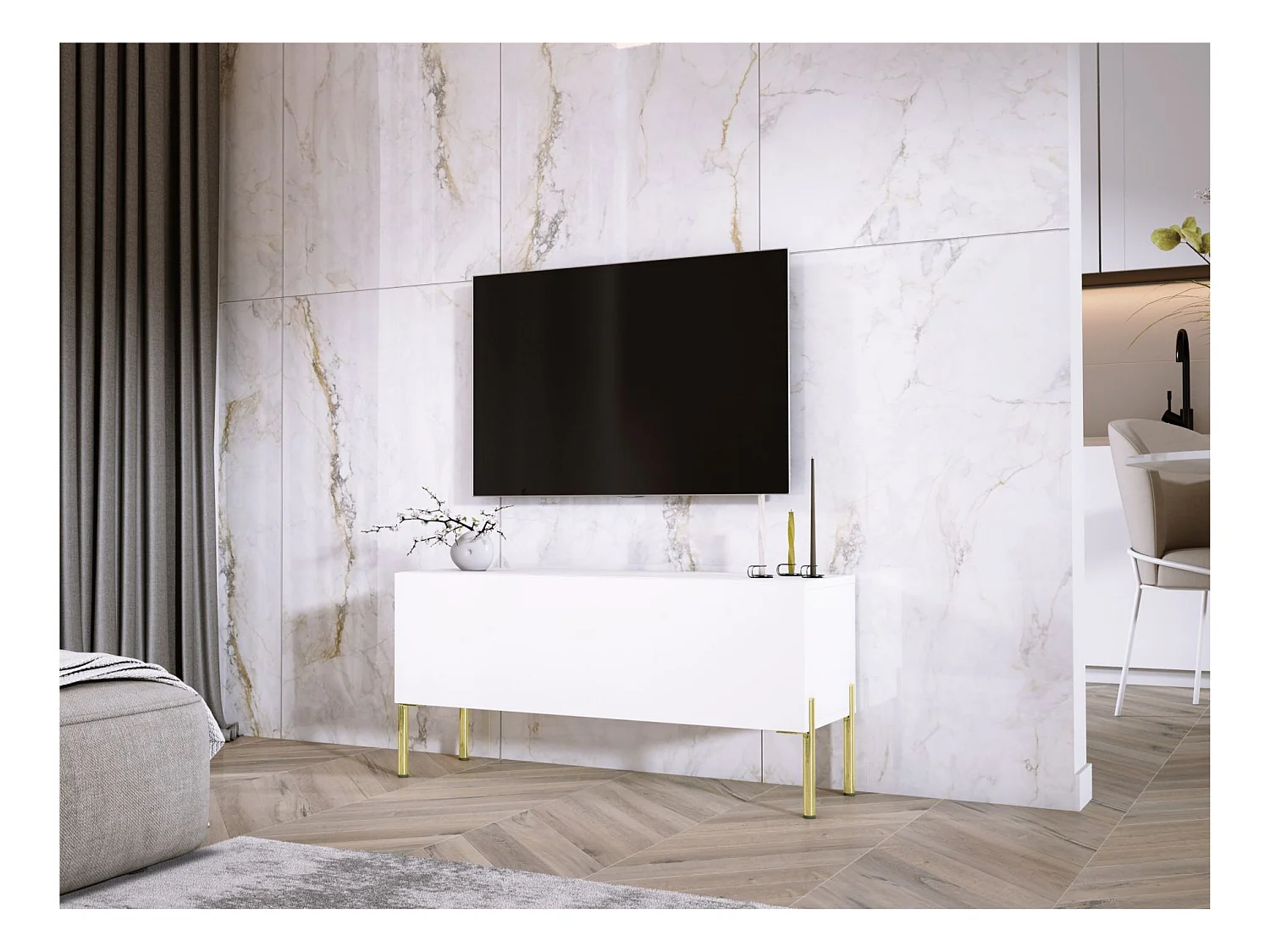 Meuble TV Blanc Mat / Blanc Brillant, pieds dorées, 100 x 52 x 32 cm