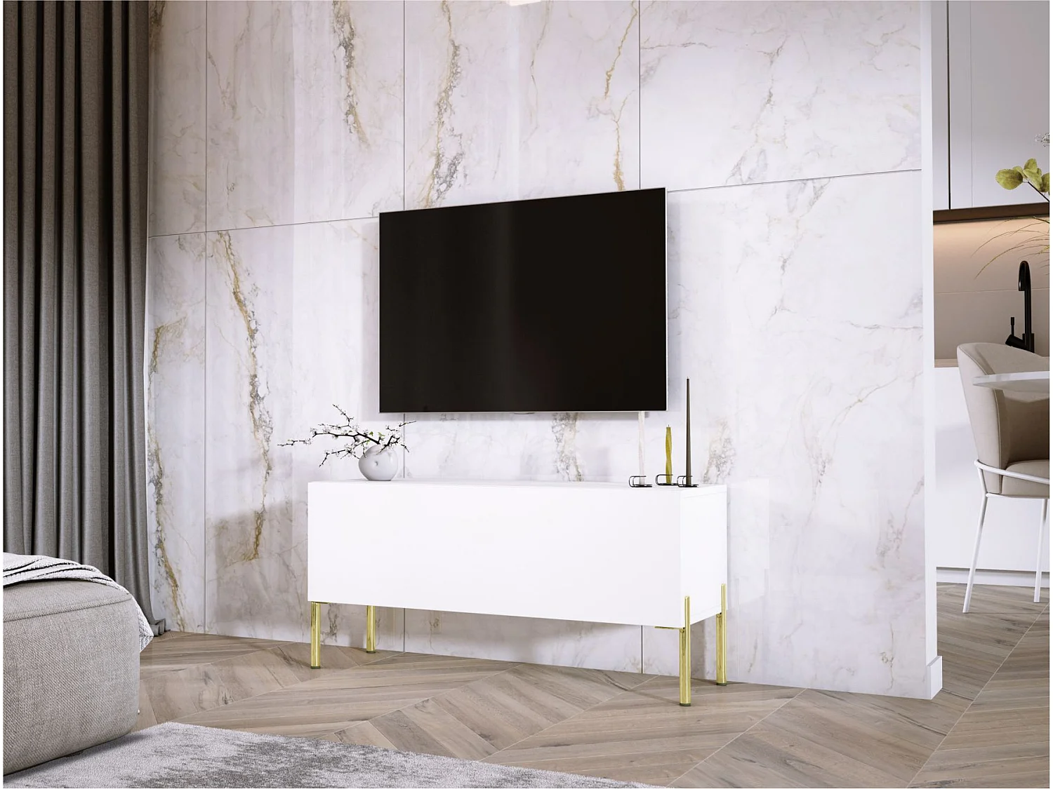 Móvel de TV Branco Mate / Branco Brilhante, pernas douradas, 100 x 52 x 32 cm