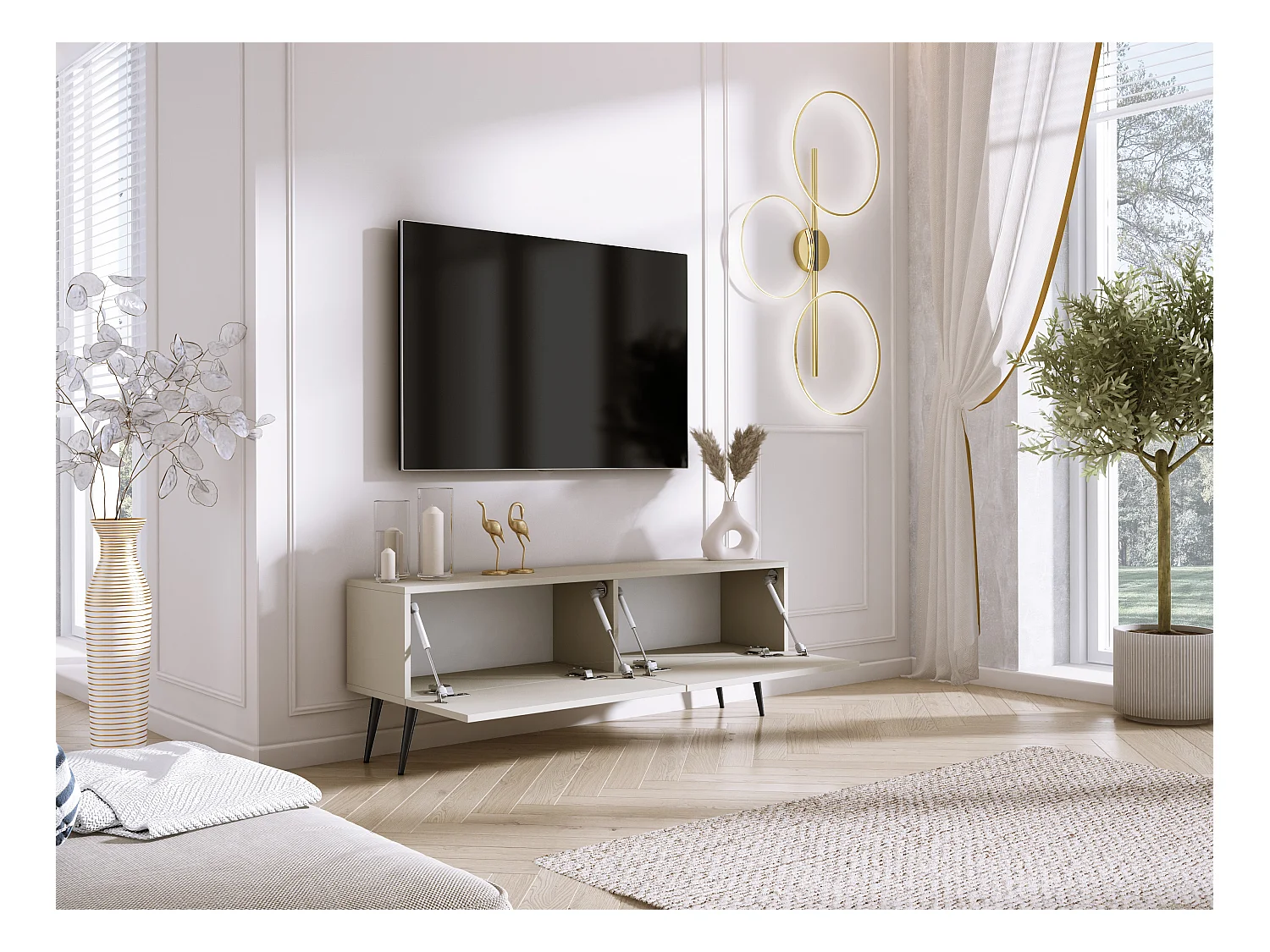 Meuble TV : Cachemire, pieds noires, 140 x 52 x 32 cm