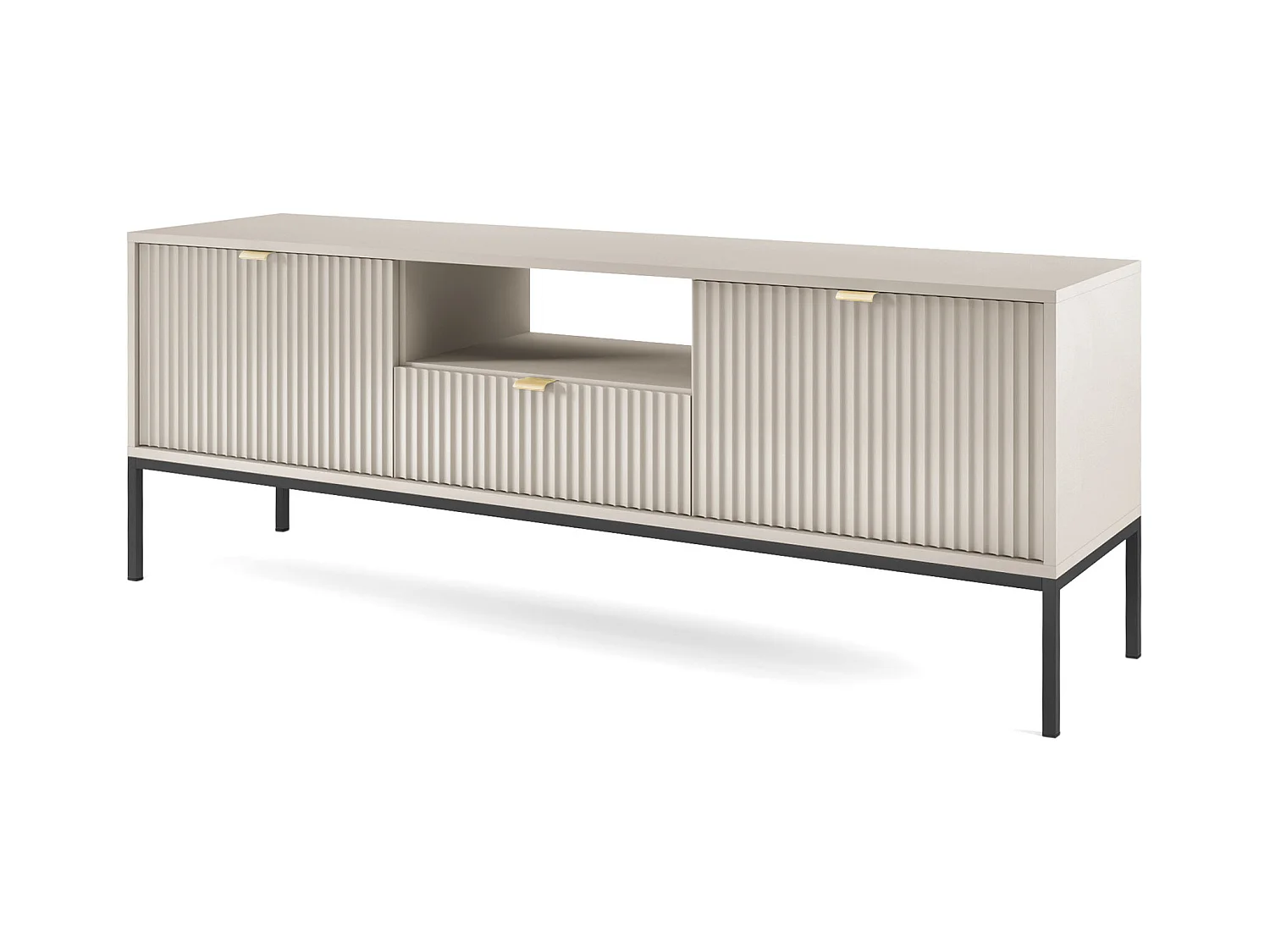 Meuble TV : 1 tiroir, 2 portes, Cachemire, Noir, 154 x 56 x 39 cm, poignées dorées