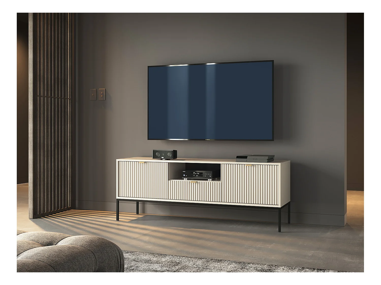 Meuble TV : 1 tiroir, 2 portes, Cachemire, Noir, 154 x 56 x 39 cm, poignées dorées