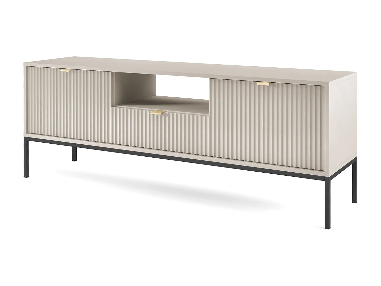 Meuble TV : 1 tiroir, 2 portes, Cachemire, Noir, 154 x 56 x 39 cm, poignées dorées