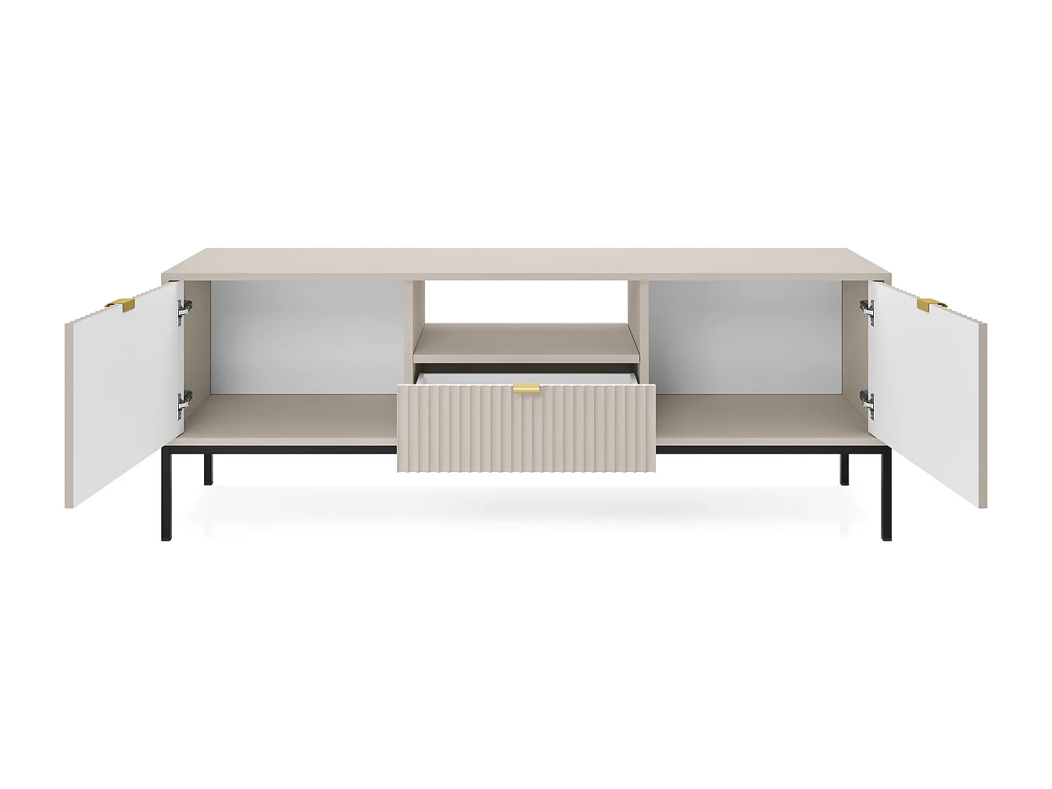 Meuble TV : 1 tiroir, 2 portes, Cachemire, Noir, 154 x 56 x 39 cm, poignées dorées