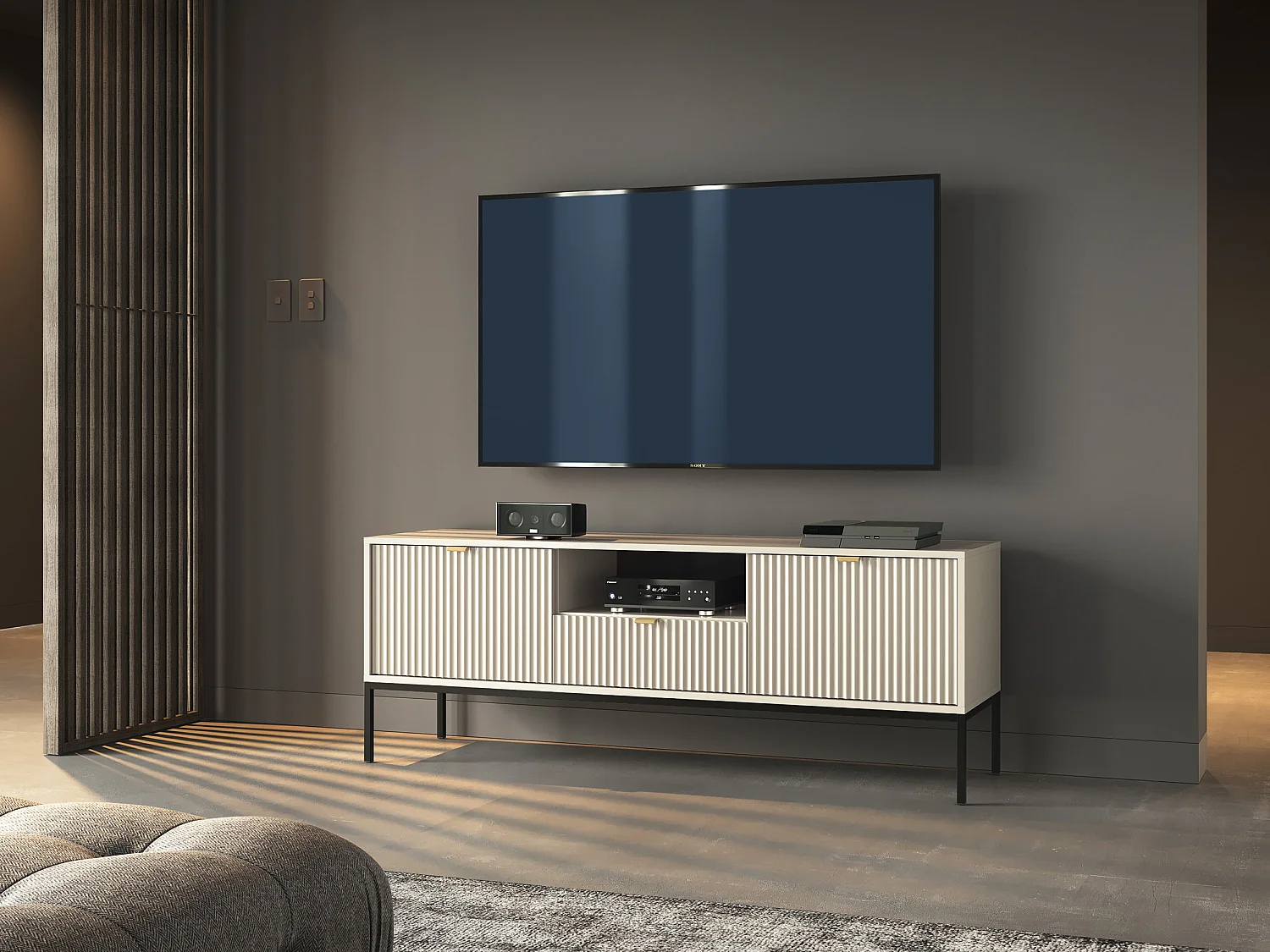 Meuble TV : 1 tiroir, 2 portes, Cachemire, Noir, 154 x 56 x 39 cm, poignées dorées