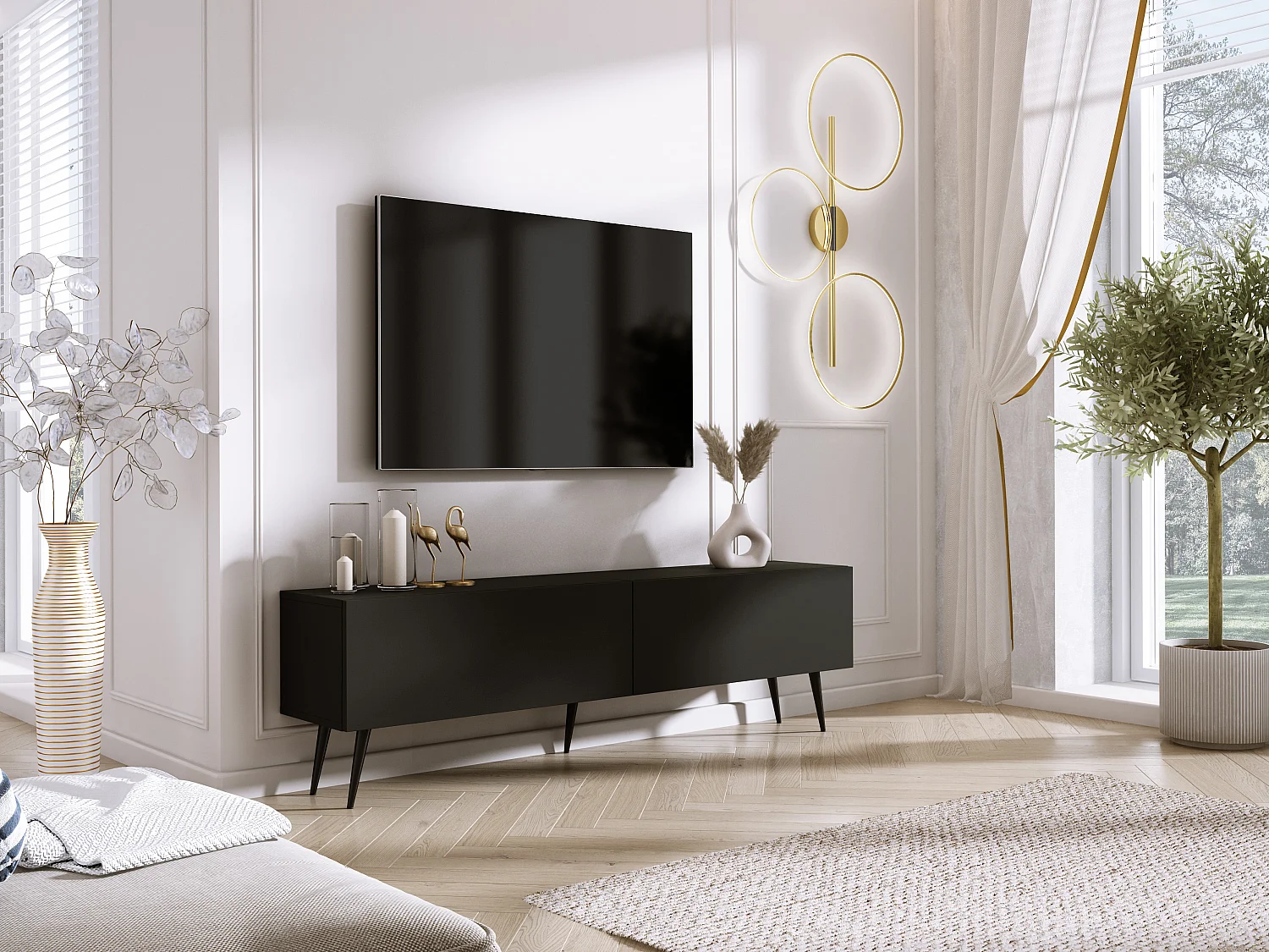 Mueble TV: Negro mate, patas negras, 170 x 52 x 32 cm