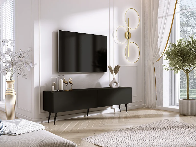 Mueble TV: Negro mate, patas negras, 170 x 52 x 32 cm