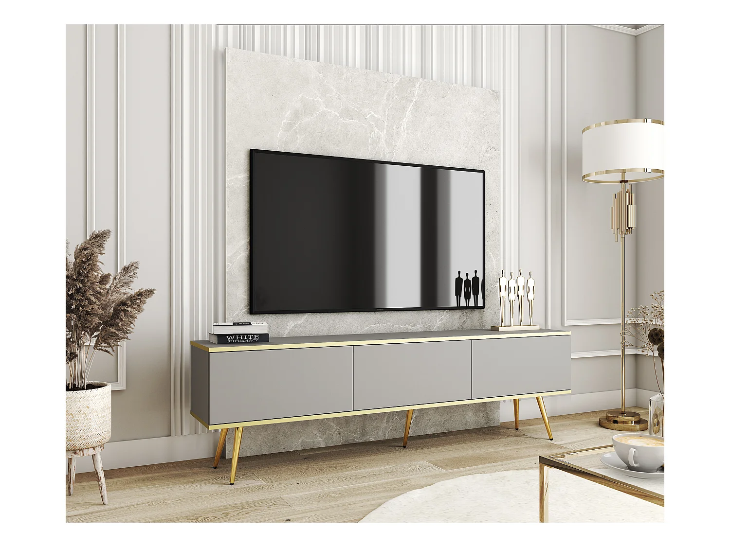 Meuble TV, Gris, pieds Or, 175 x 30 x 52 cm, Push to Open