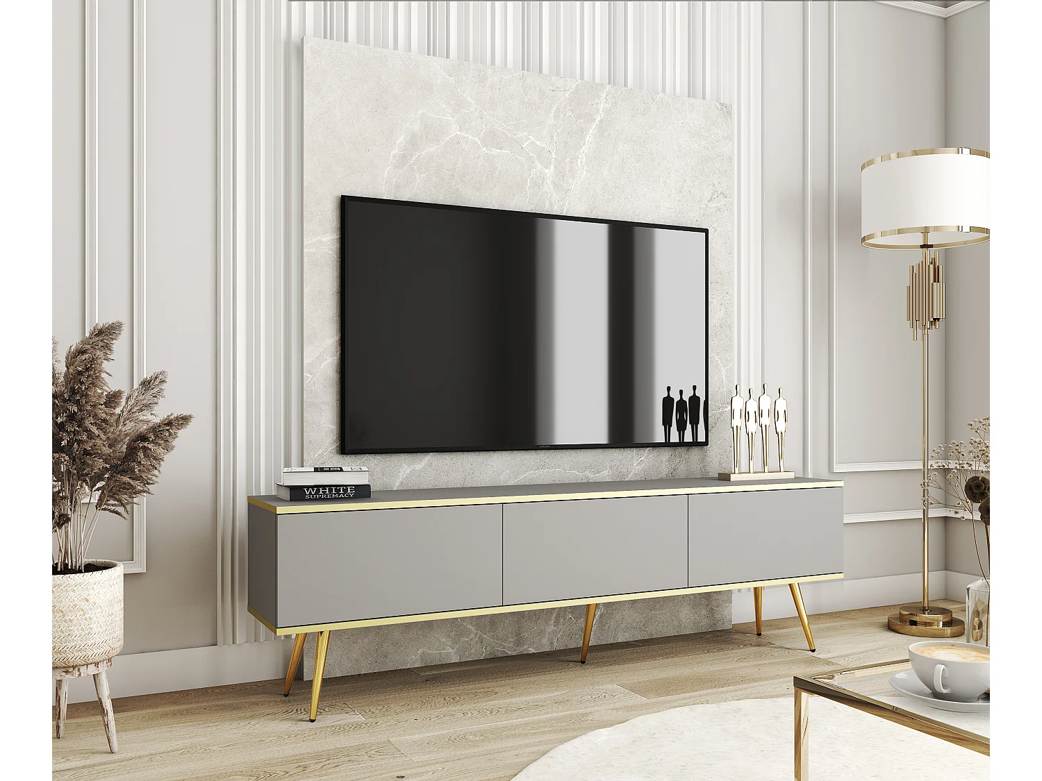 TV-Schrank, Grau, goldene Beine, 175 x 30 x 52 cm, Push-to-Open