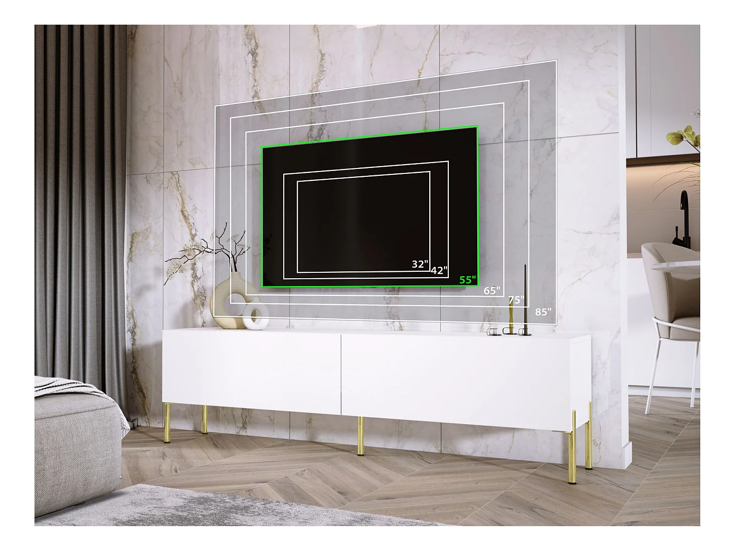 Mueble TV: Blanco mate, patas doradas, 170 x 52 x 32 cm