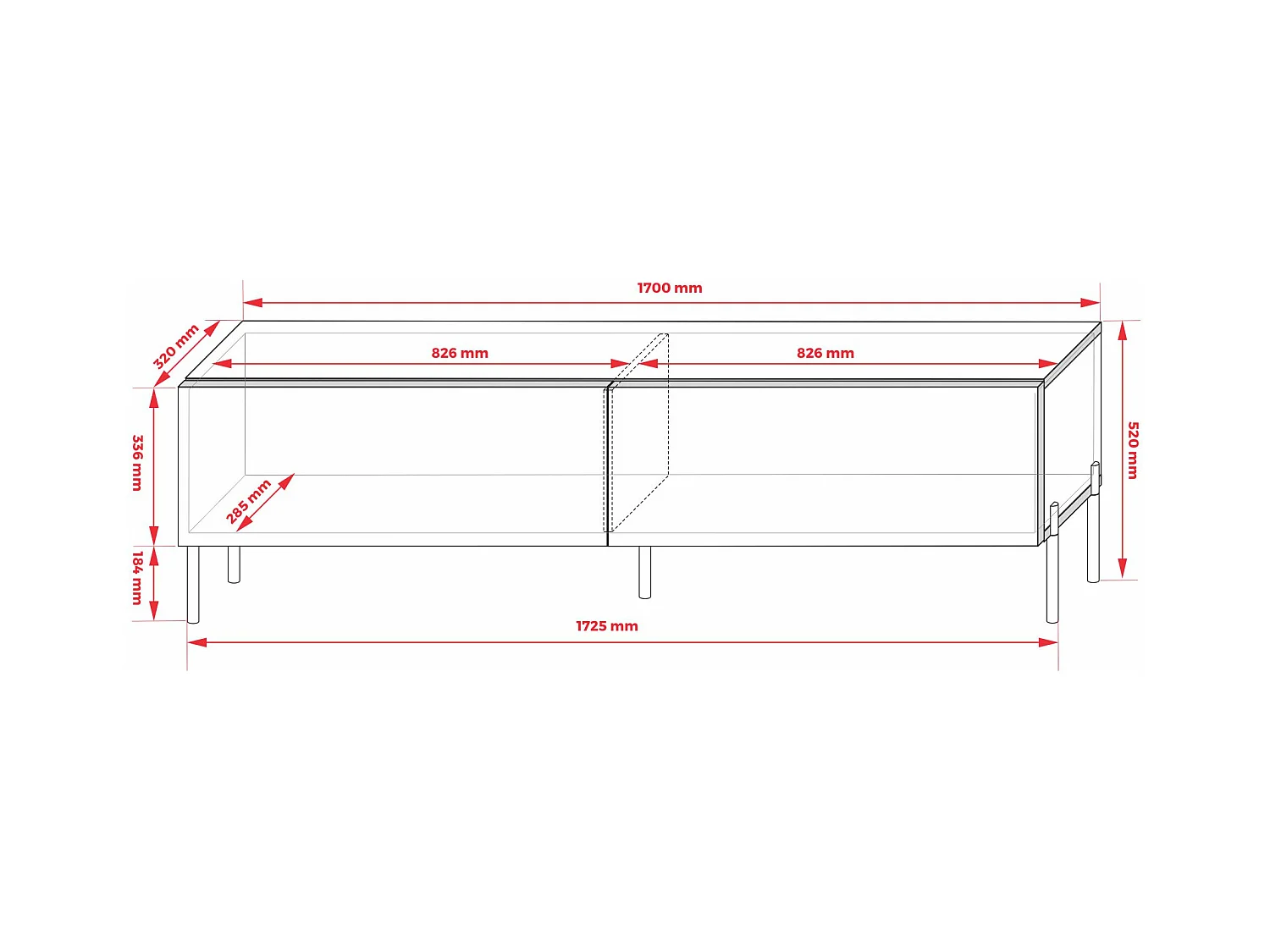 Mueble TV: Blanco mate, patas doradas, 170 x 52 x 32 cm