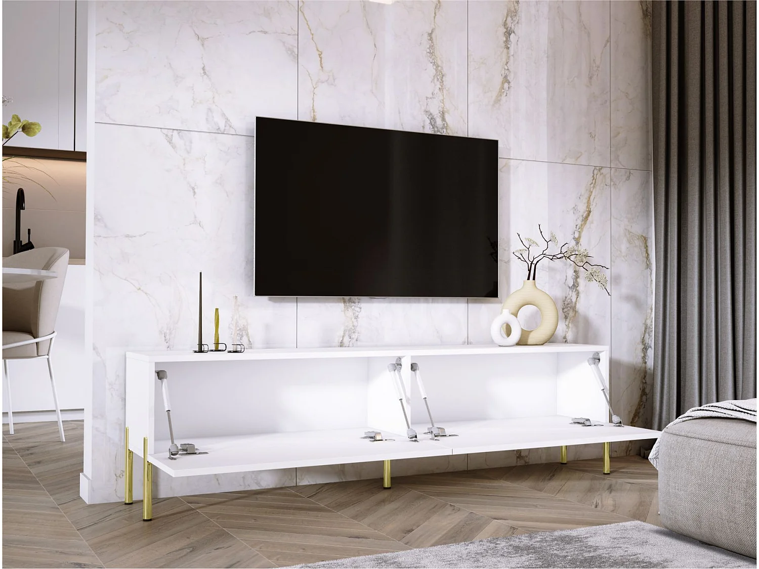 Meuble TV : Blanc Mat, pieds dorées, 170 x 52 x 32 cm