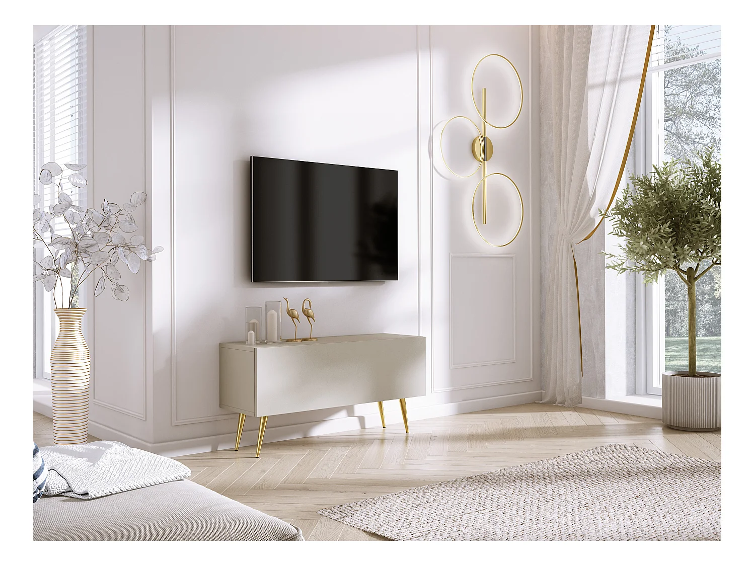 Meuble TV : Cachemire, pieds dorées, 100 x 52 x 32 cm