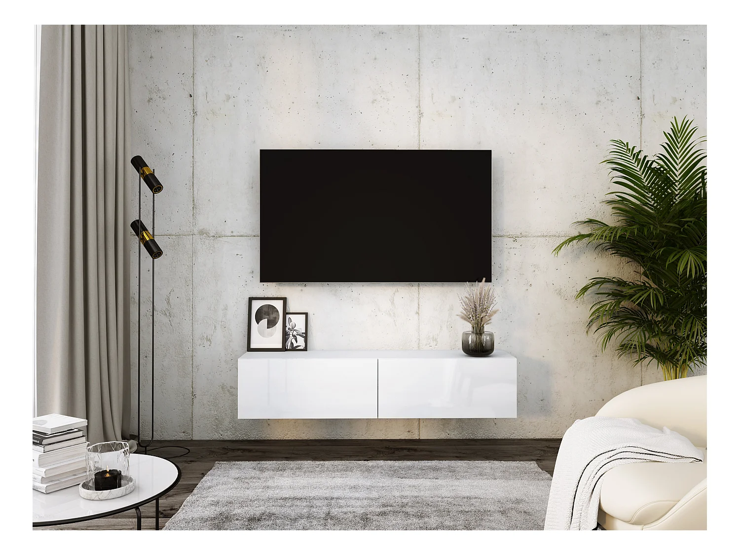 Meuble TV Suspendu, 140 x 34 x 32 cm, Blanc / Blanc Brillant