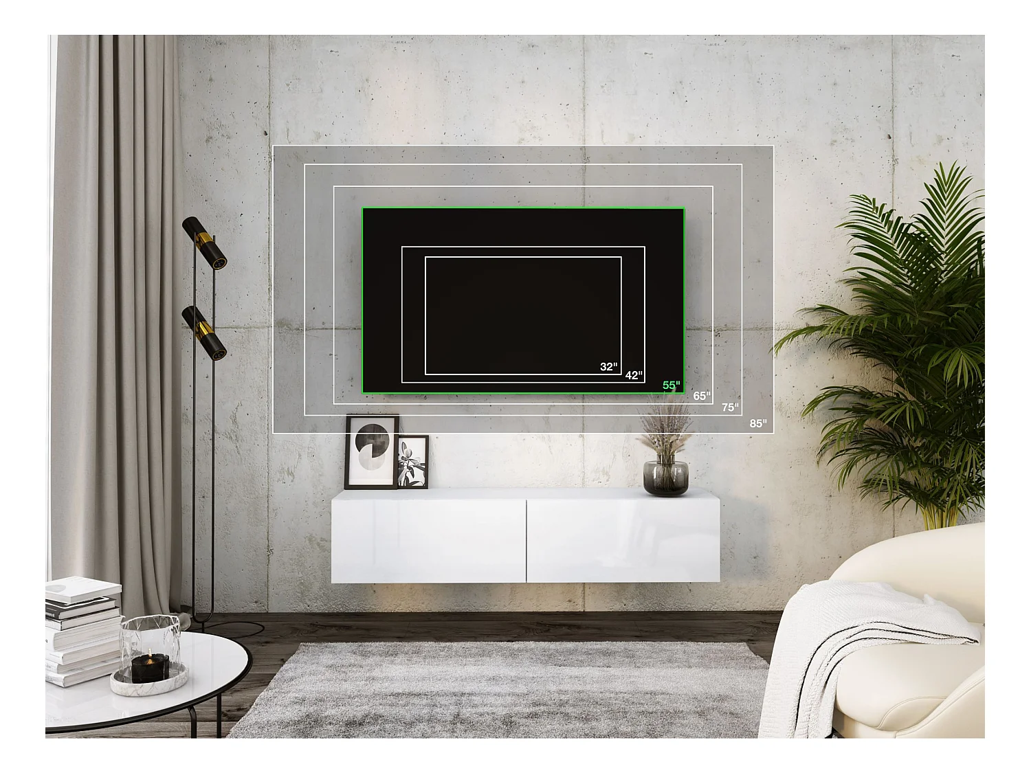 Meuble TV Suspendu, 140 x 34 x 32 cm, Blanc / Blanc Brillant