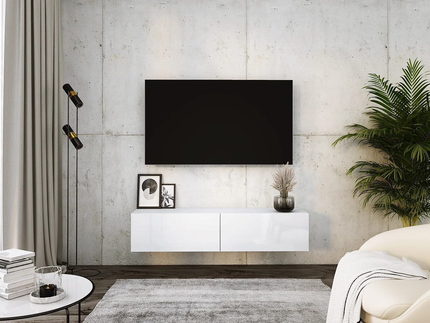 Zawieszana szafka pod telewizor, 140 x 34 x 32 cm, biały / błyszczący biały